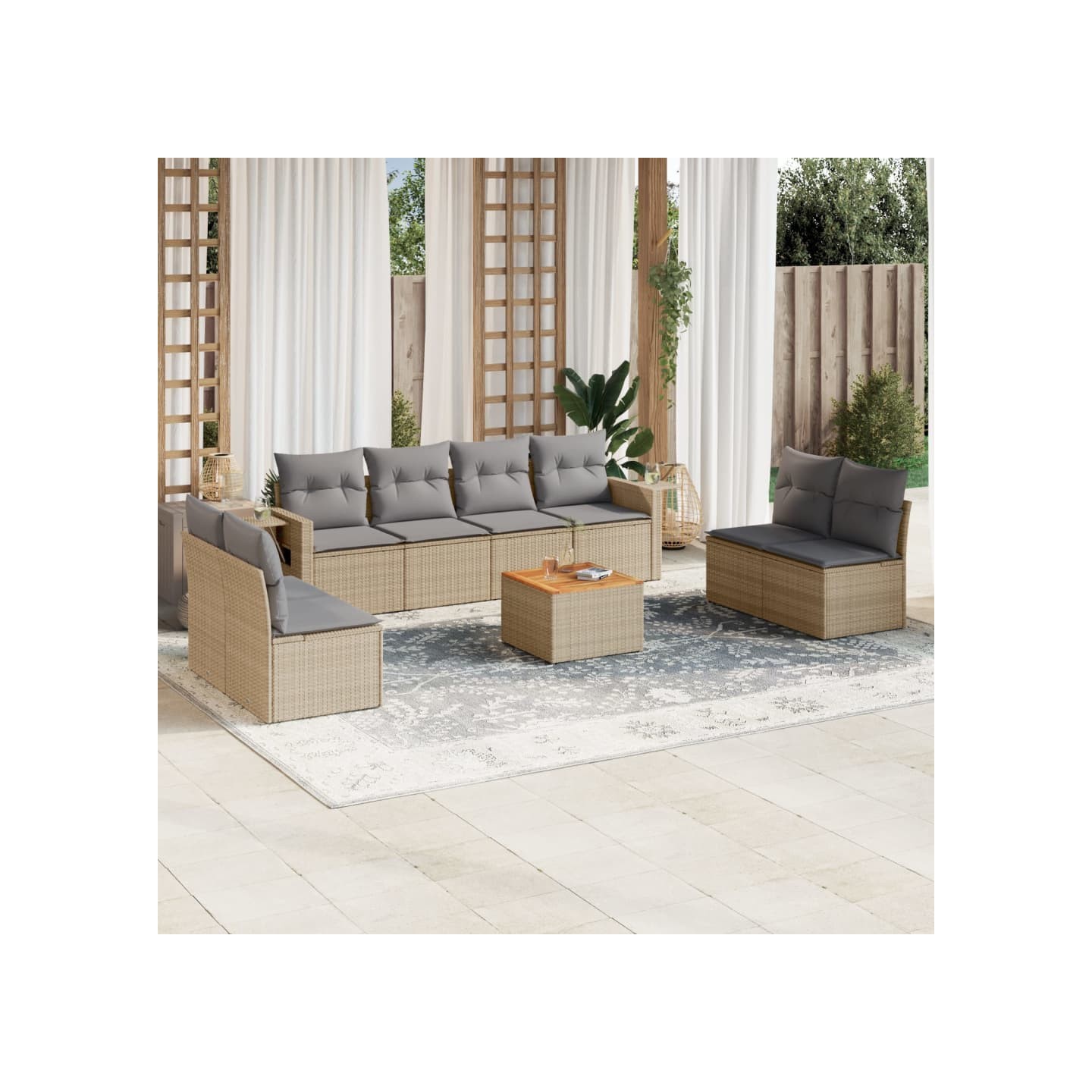 Salon de jardin avec coussins 9 pcs beige résine tressée
