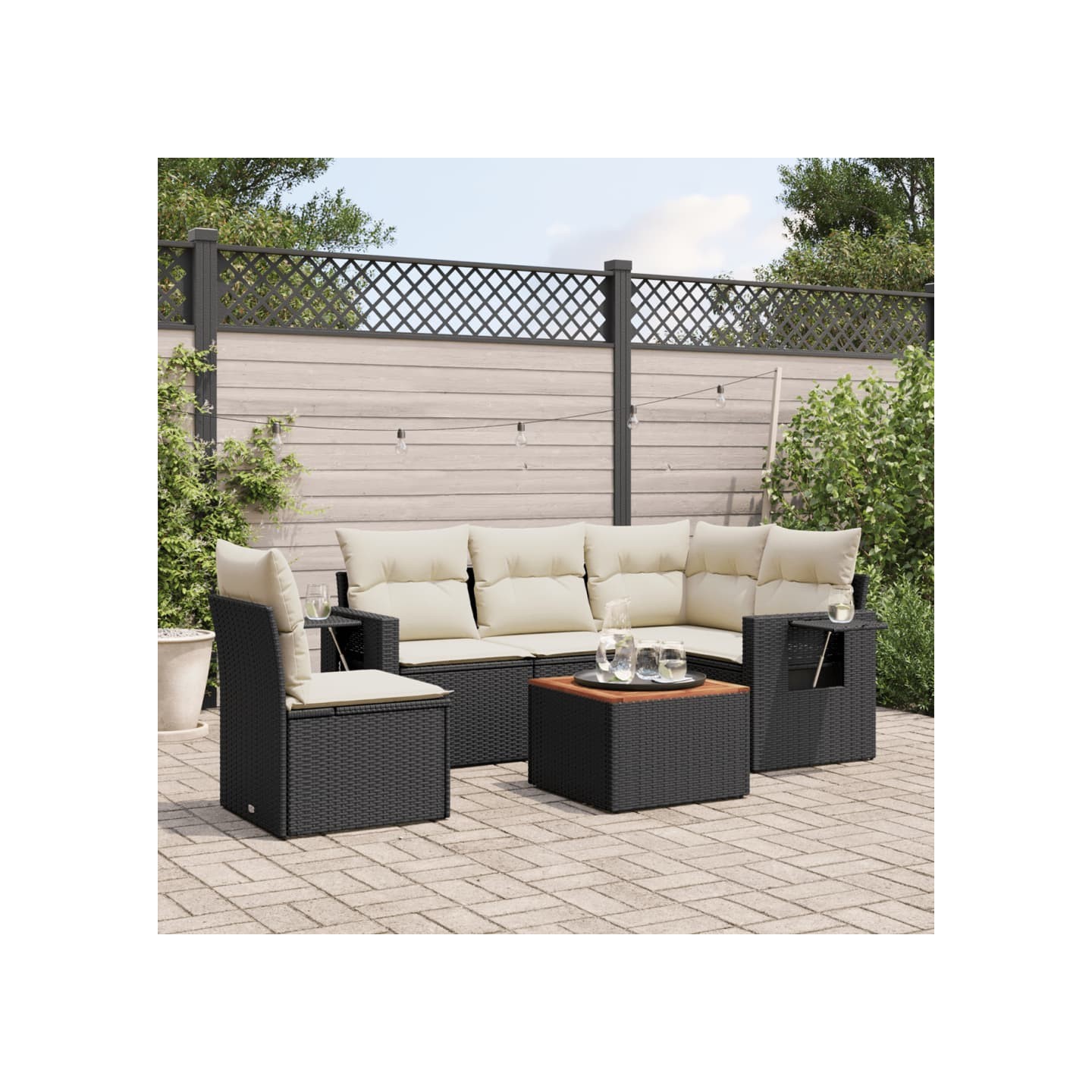 Salon de jardin 6 pcs avec coussins noir résine tressée