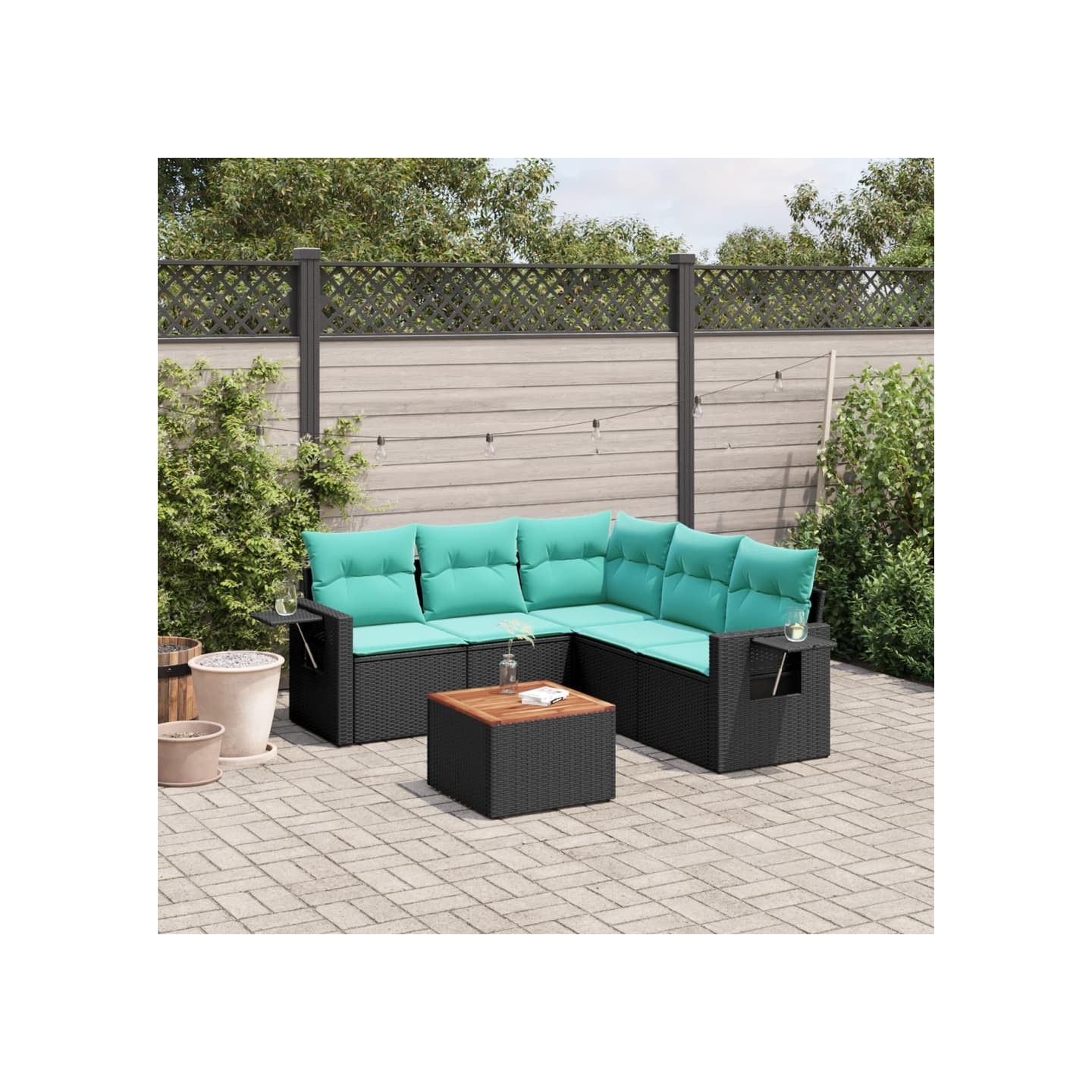 Ensemble de canapé de jardin 6 pcs avec coussins noir résine tressée