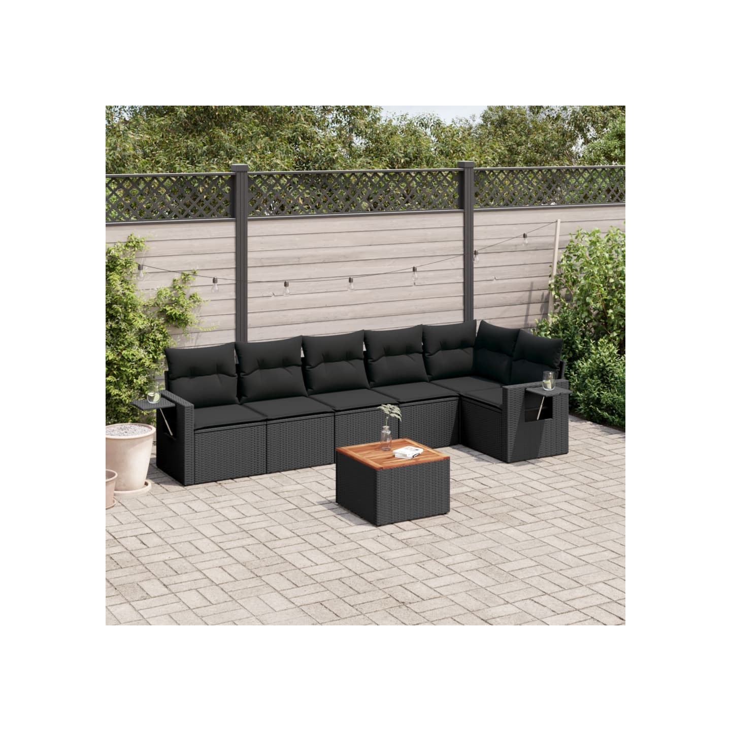 Salon de jardin 7 pcs avec coussins noir résine tressée