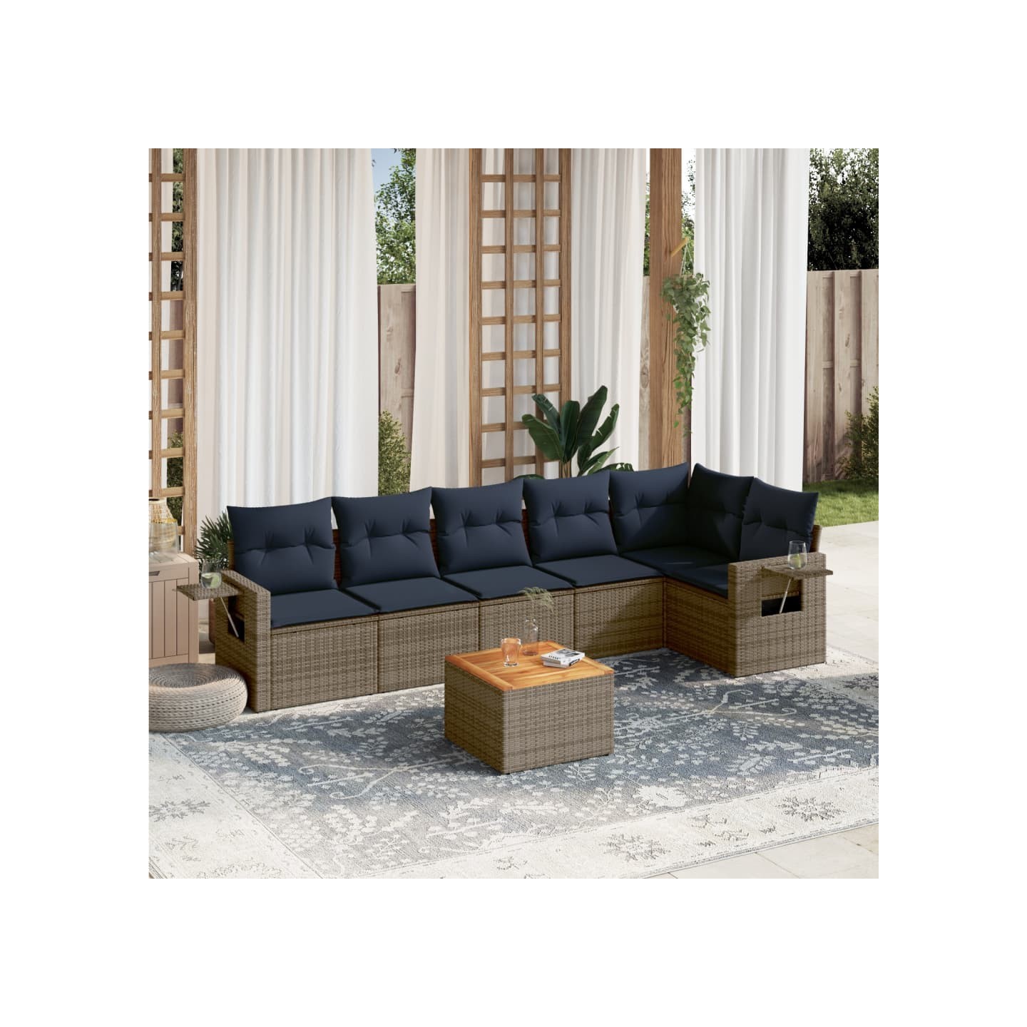 Ensemble de canapé de jardin 7 pcs avec coussins gris résine tressée