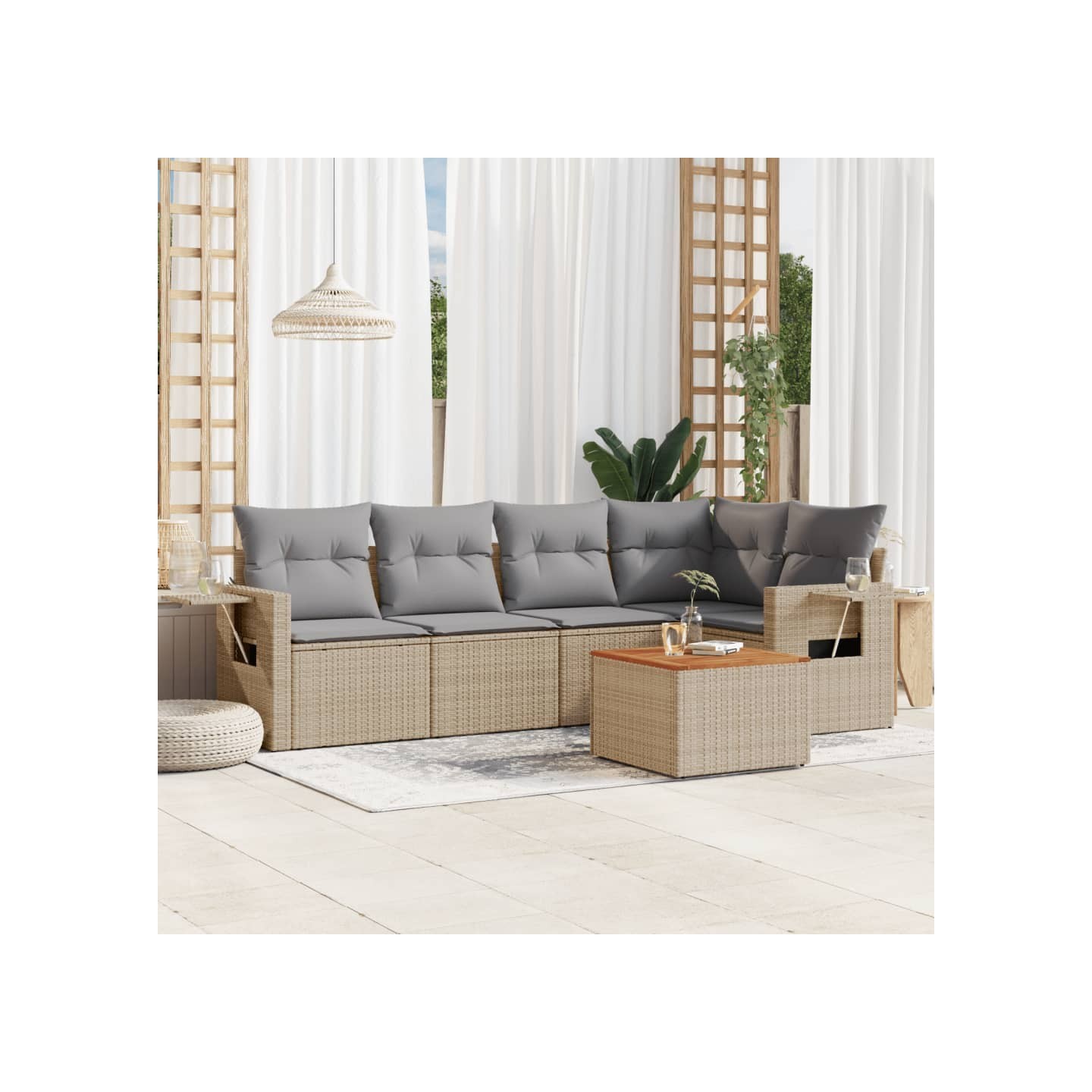 Salon de jardin avec coussins 6 pcs beige résine tressée