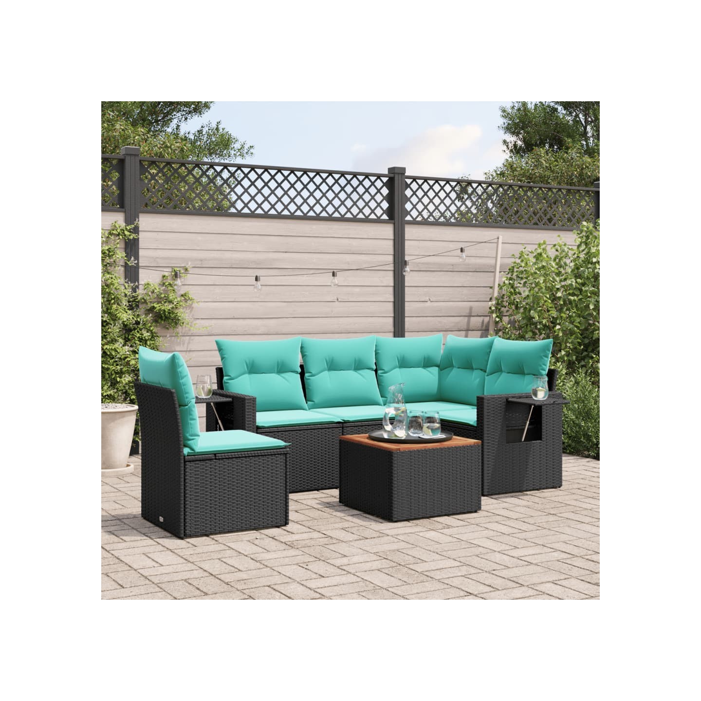 Ensemble de canapé de jardin 6 pcs avec coussins noir résine tressée