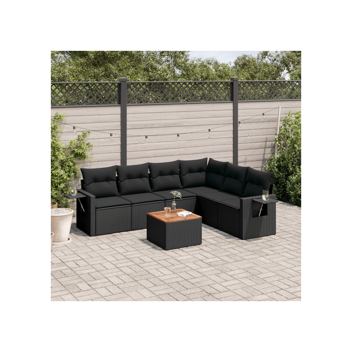 Salon de jardin 7 pcs avec coussins noir résine tressée