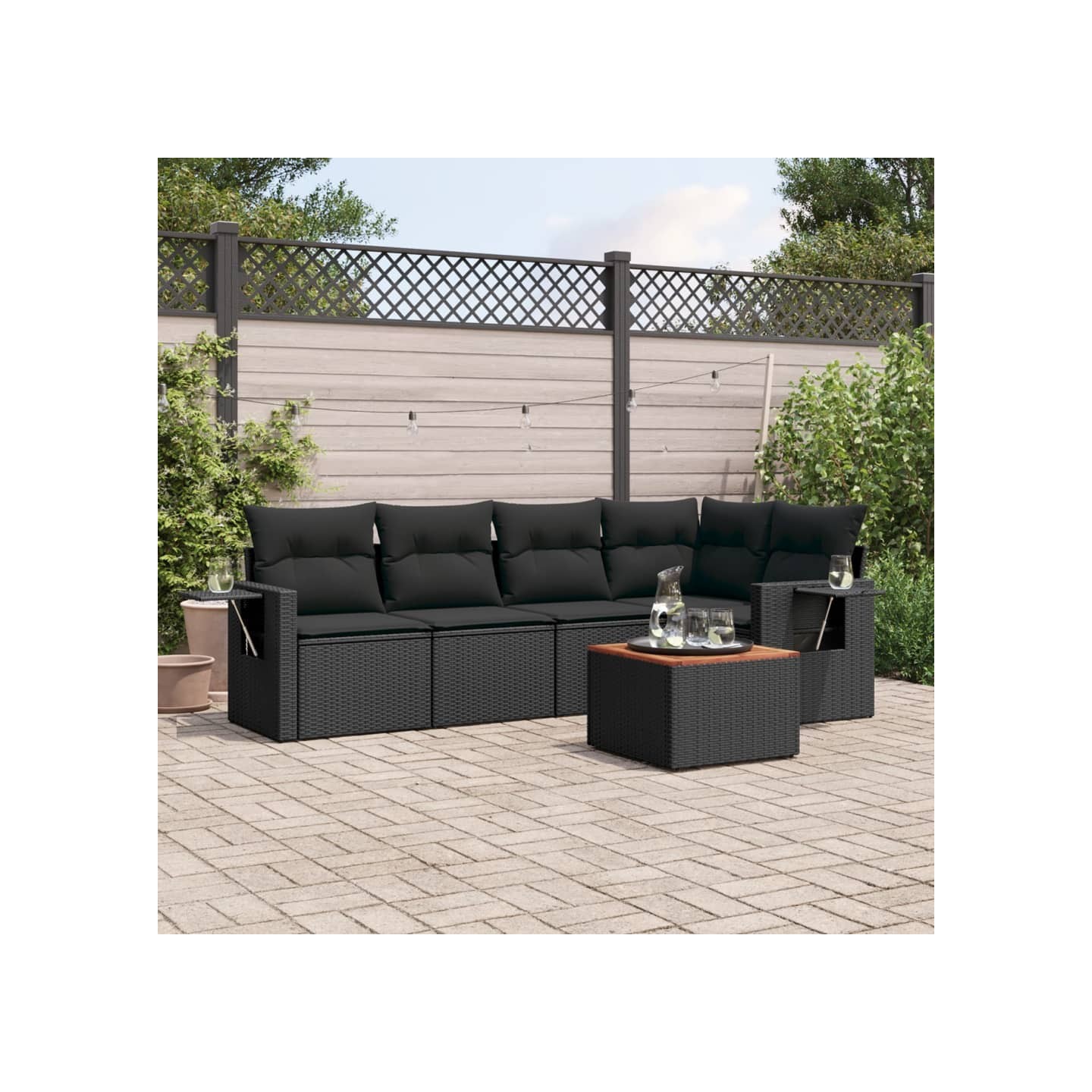 Salon de jardin 6 pcs avec coussins noir résine tressée