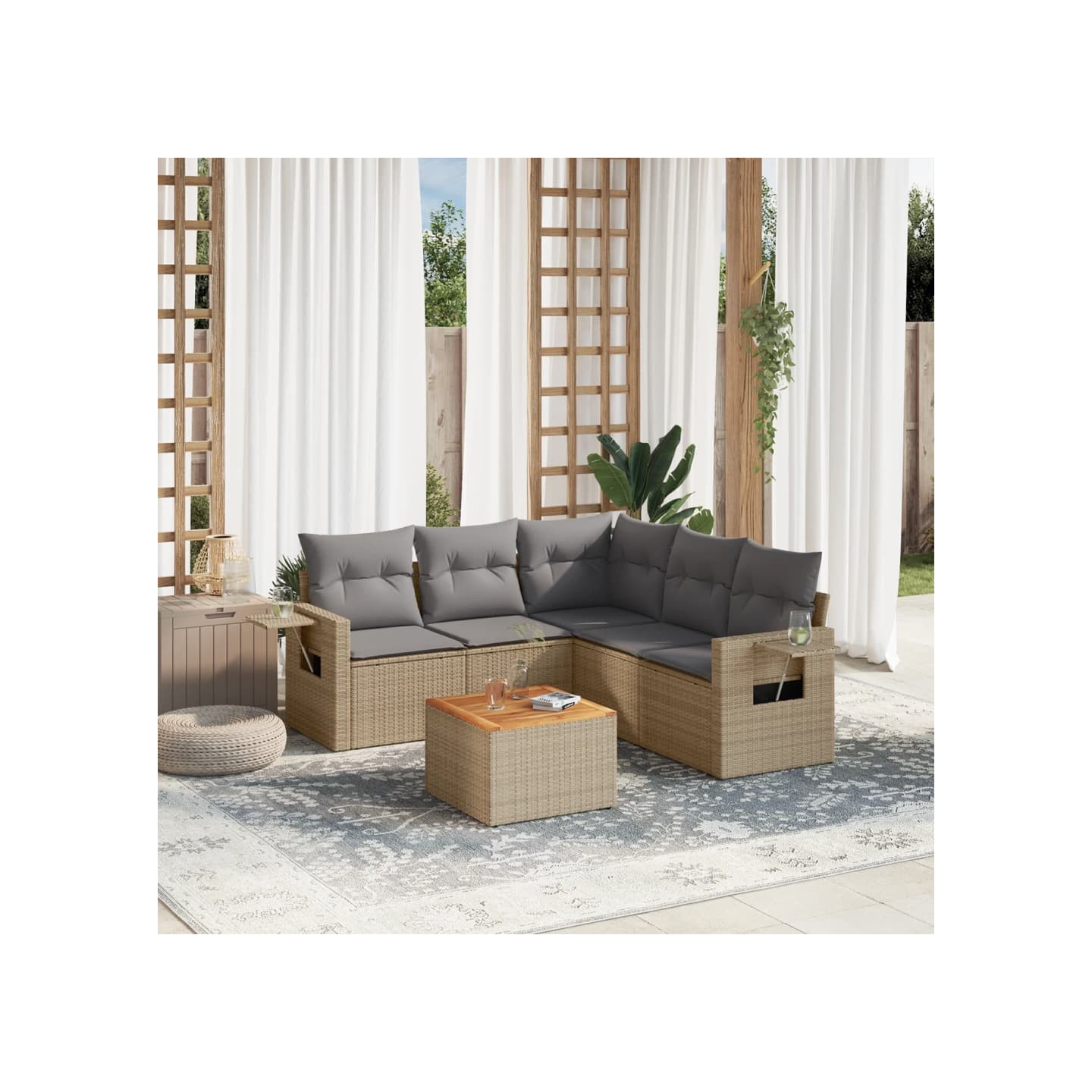 Salon de jardin avec coussins 6 pcs beige résine tressée