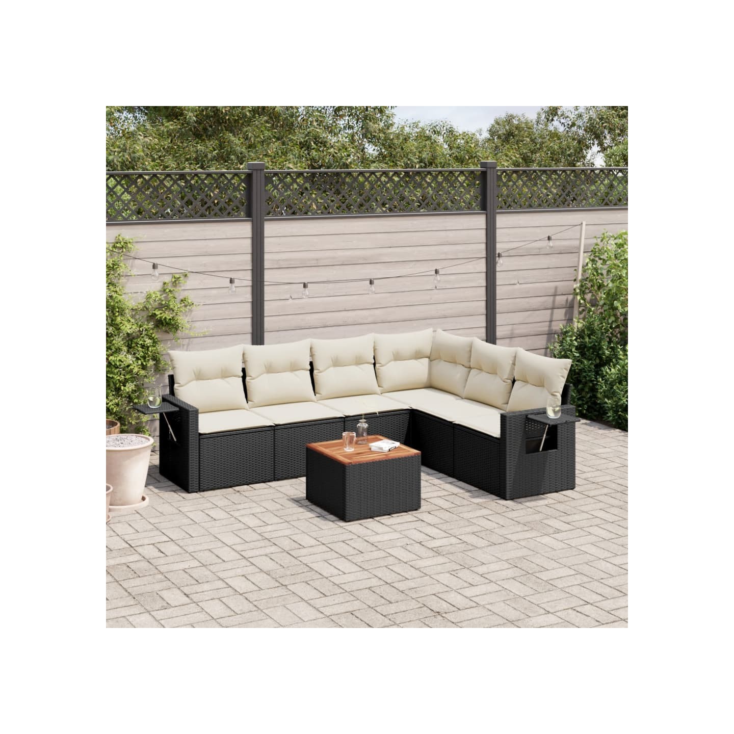 Salon de jardin 7 pcs avec coussins noir résine tressée