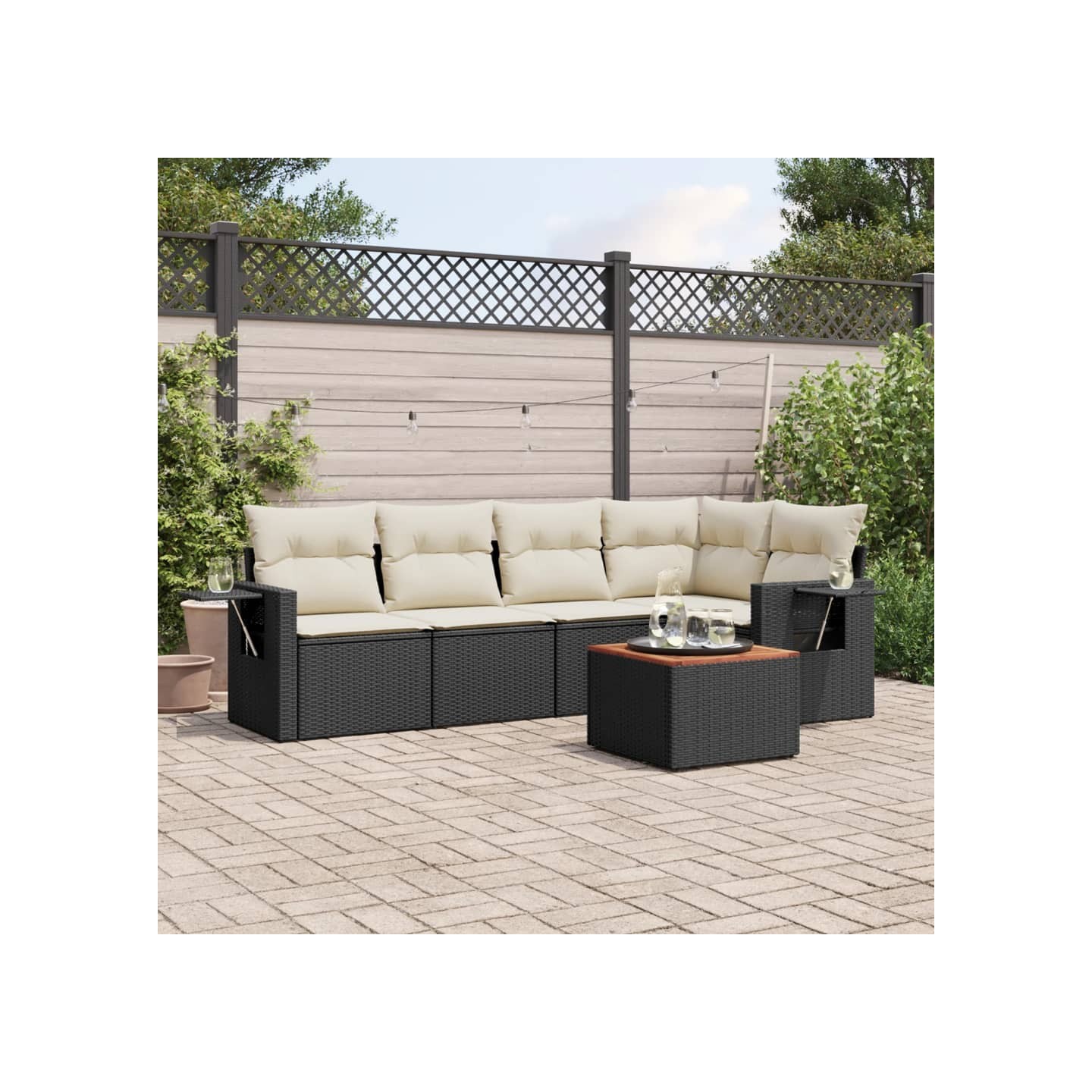 Salon de jardin 6 pcs avec coussins noir résine tressée