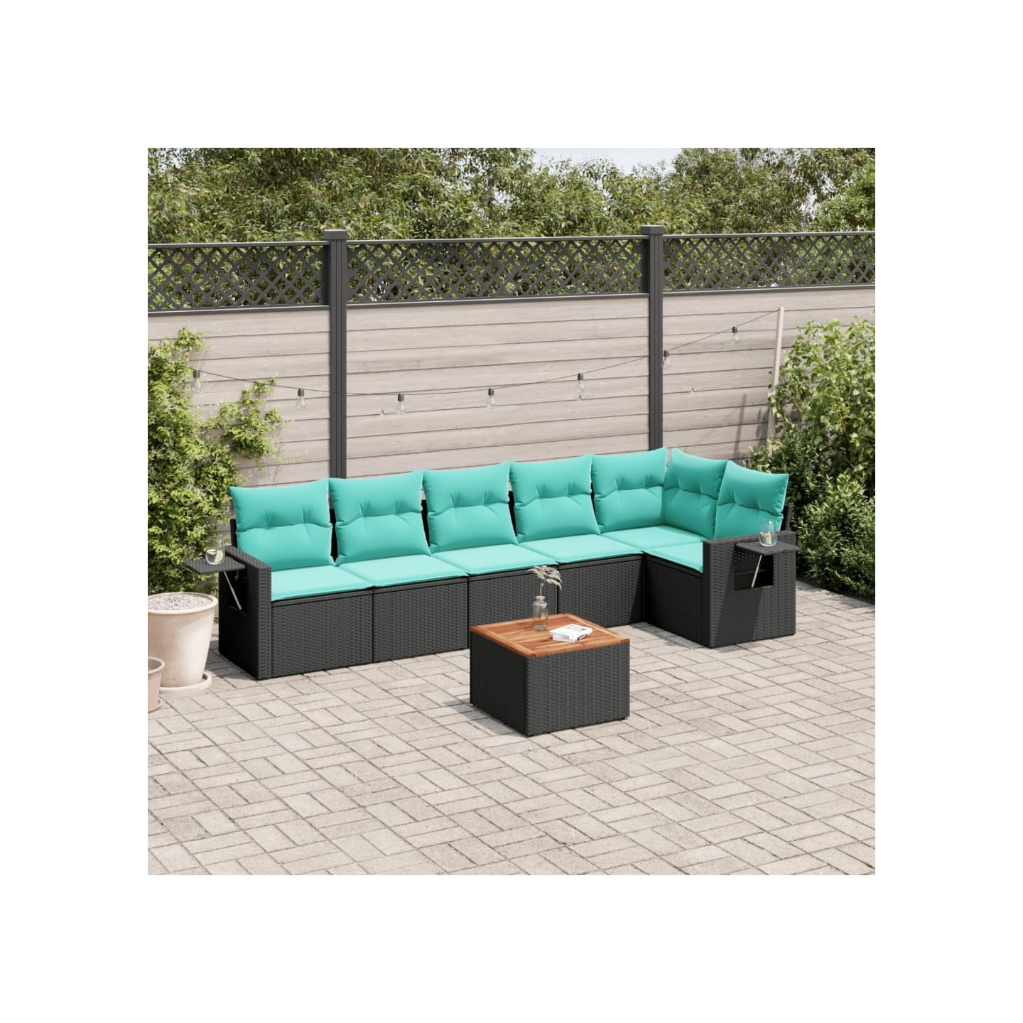 Ensemble de canapé de jardin 7 pcs avec coussins noir résine tressée