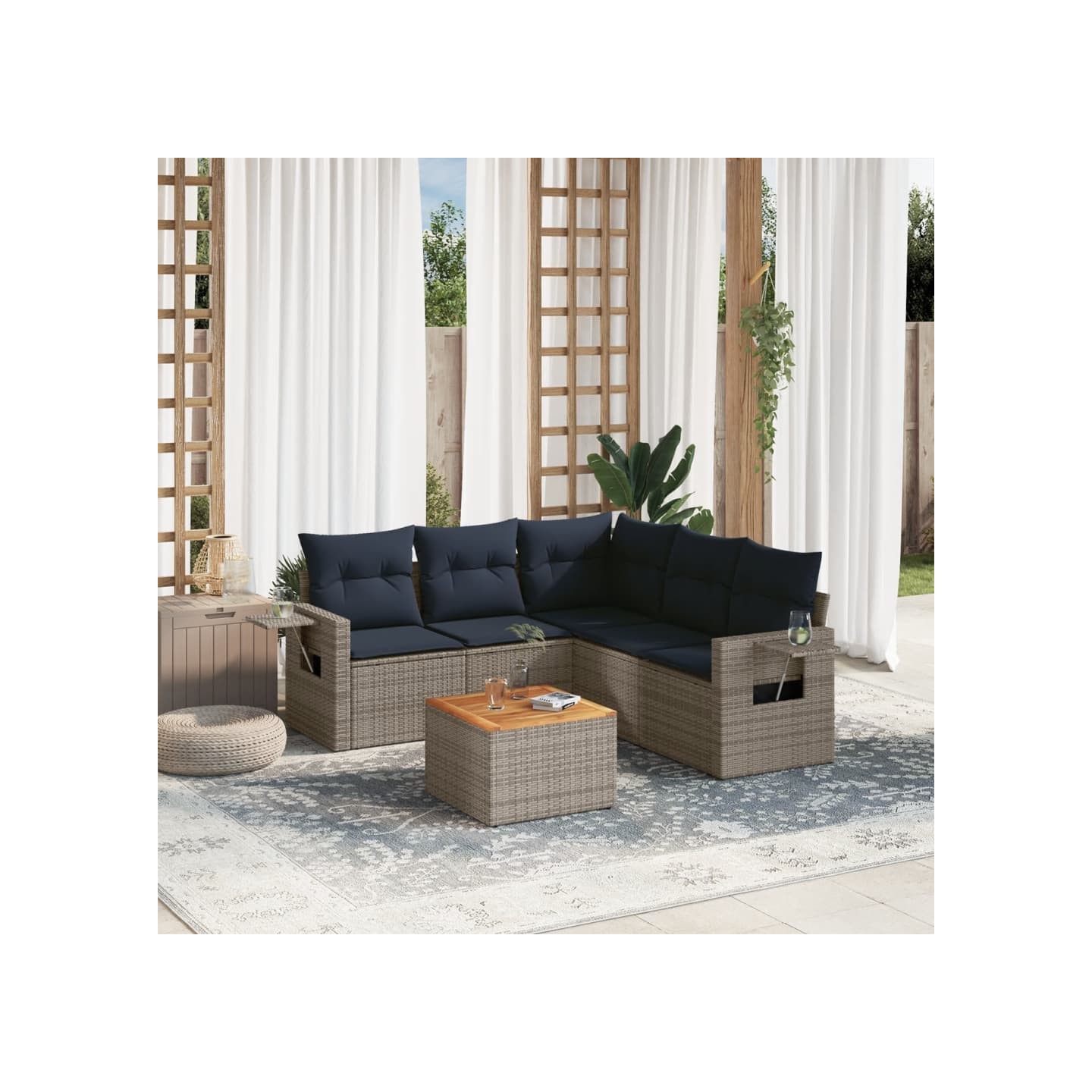 Ensemble de canapé de jardin 6 pcs avec coussins gris résine tressée