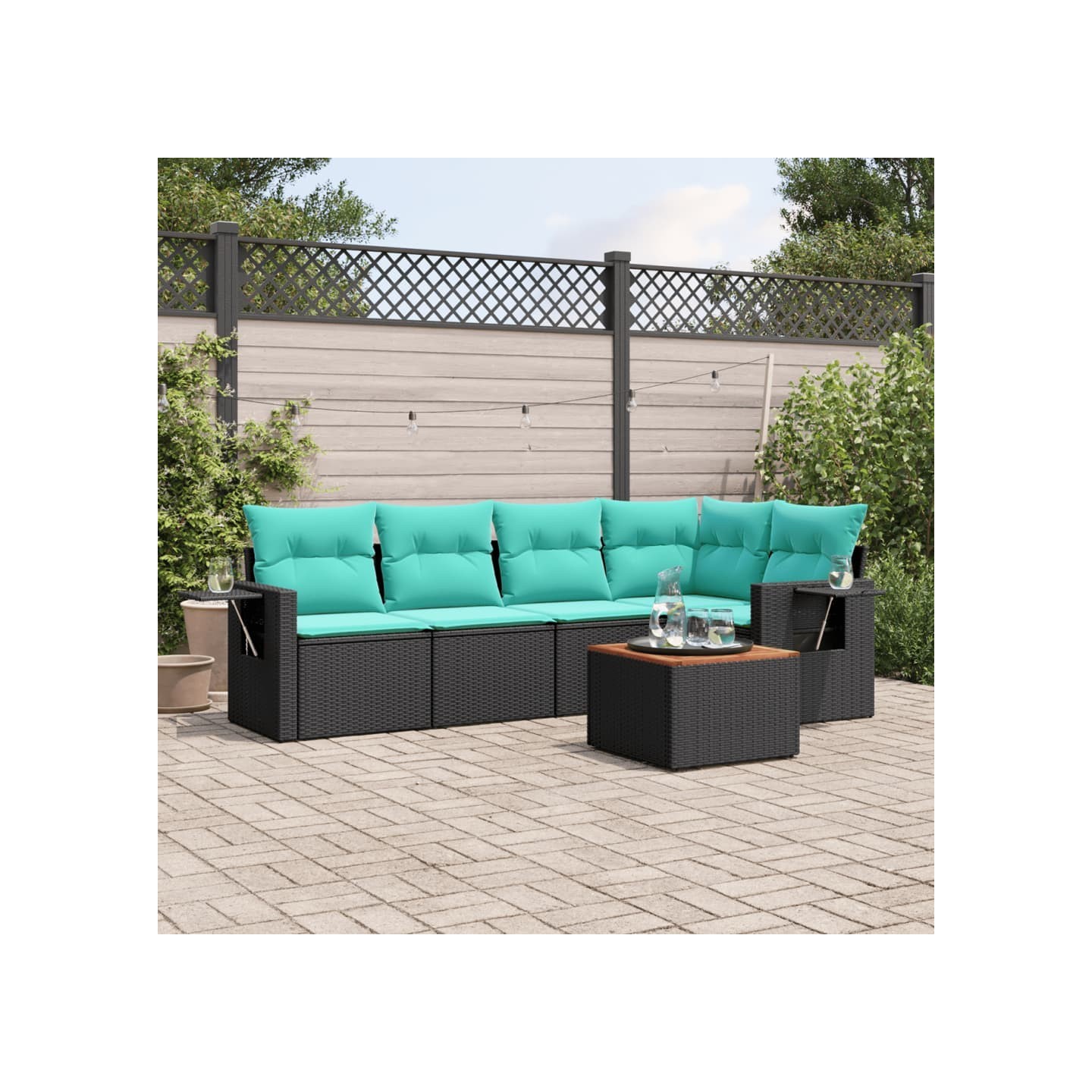Ensemble de canapé de jardin 6 pcs avec coussins noir résine tressée