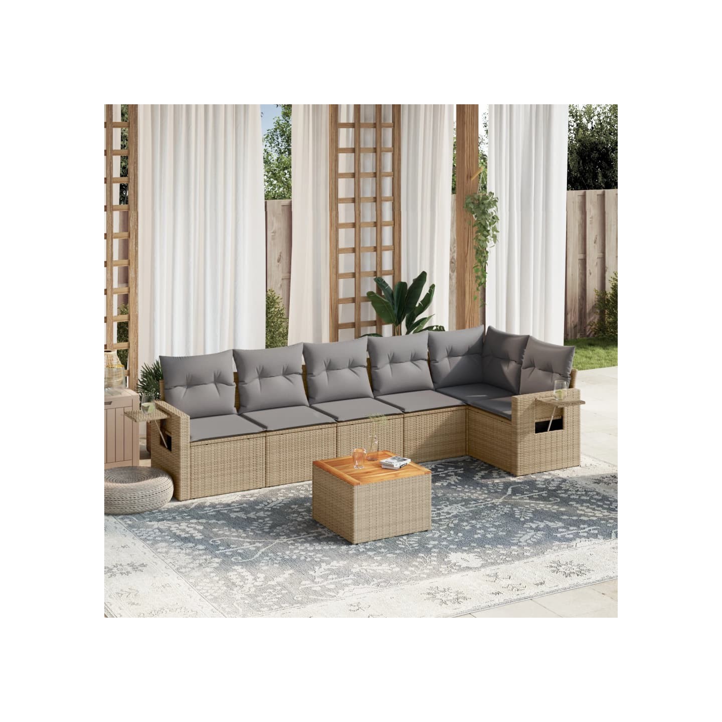 Salon de jardin avec coussins 7 pcs beige résine tressée