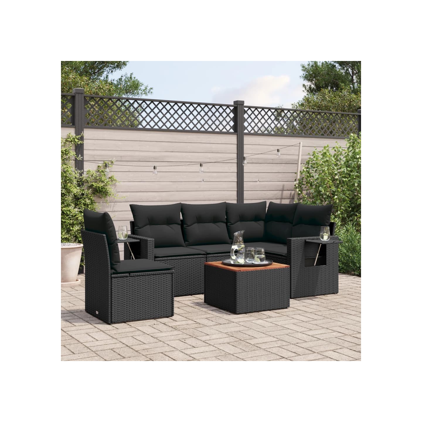Salon de jardin 6 pcs avec coussins noir résine tressée