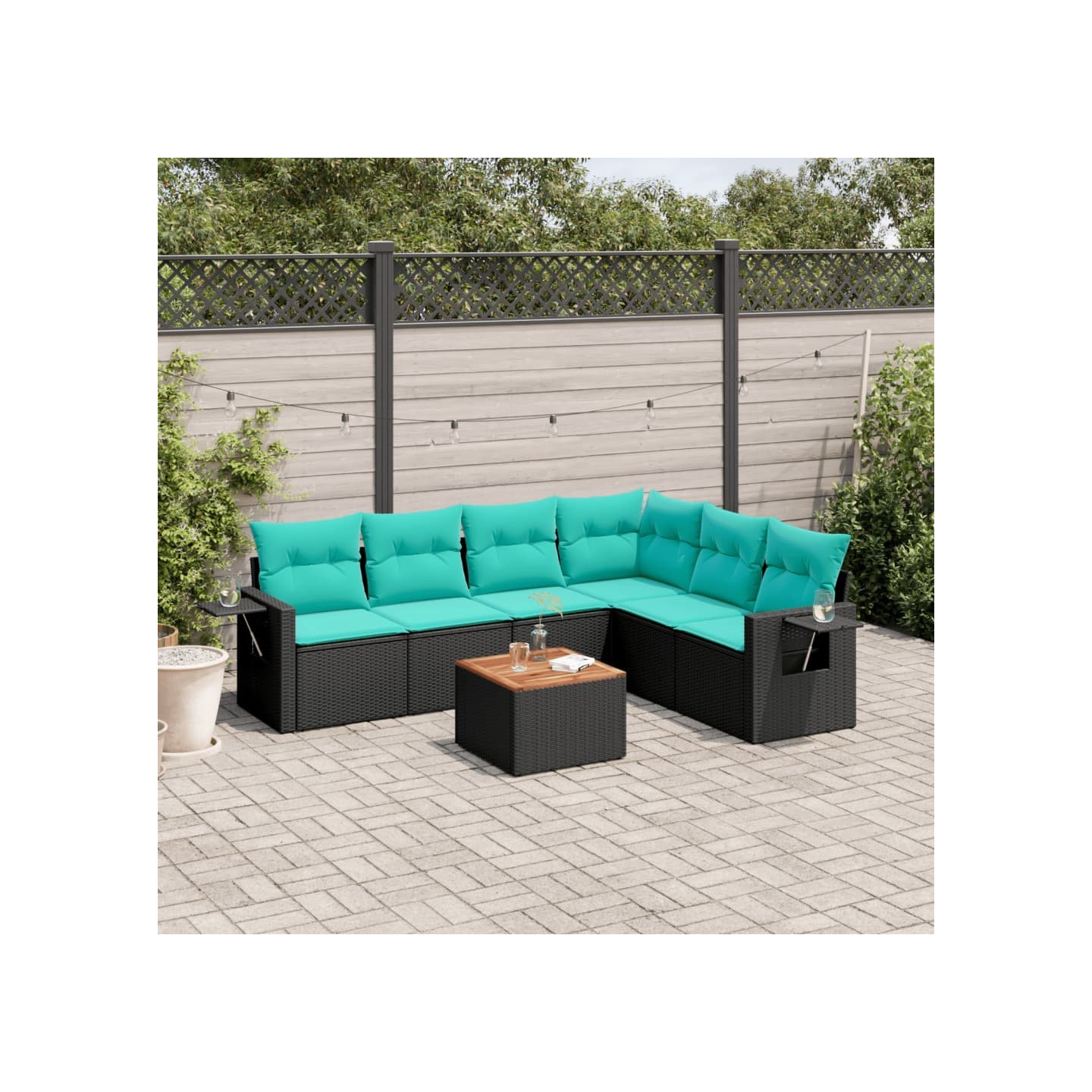Ensemble de canapé de jardin 7 pcs avec coussins noir résine tressée
