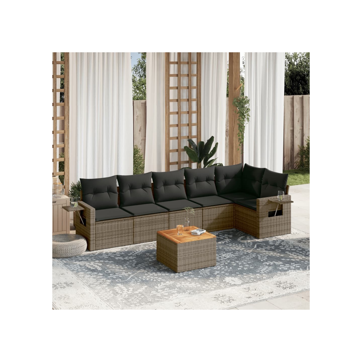 Salon de jardin avec coussins 7 pcs gris résine tressée