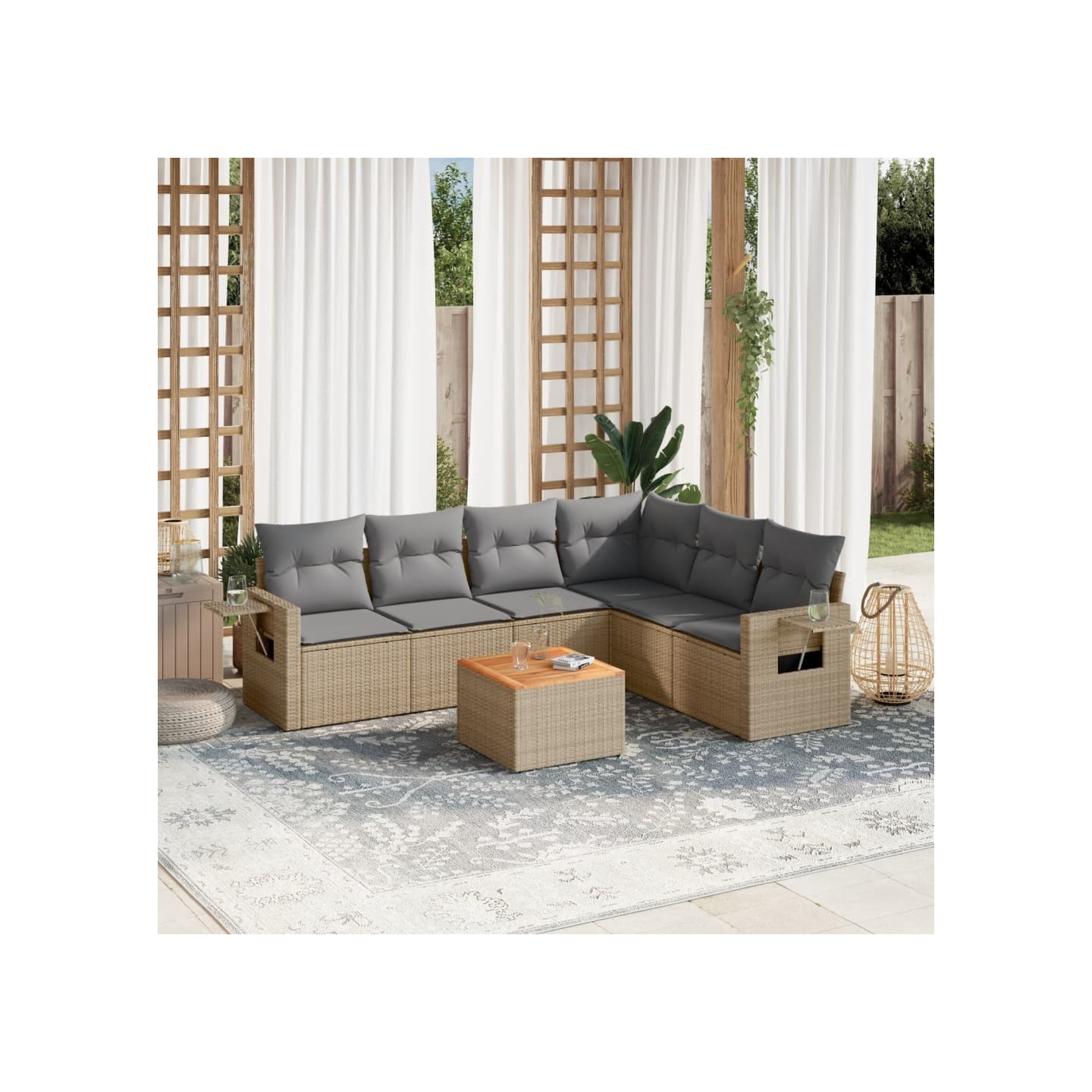 Salon de jardin avec coussins 7 pcs beige résine tressée