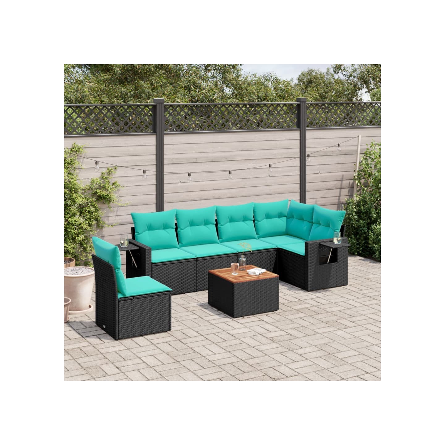 Ensemble de canapé de jardin 7 pcs avec coussins noir résine tressée