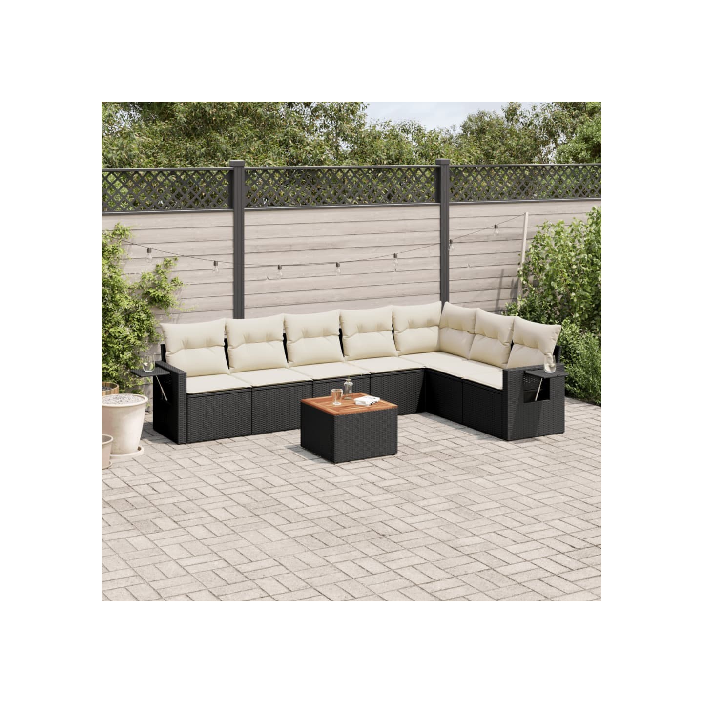 Salon de jardin 8 pcs avec coussins noir résine tressée