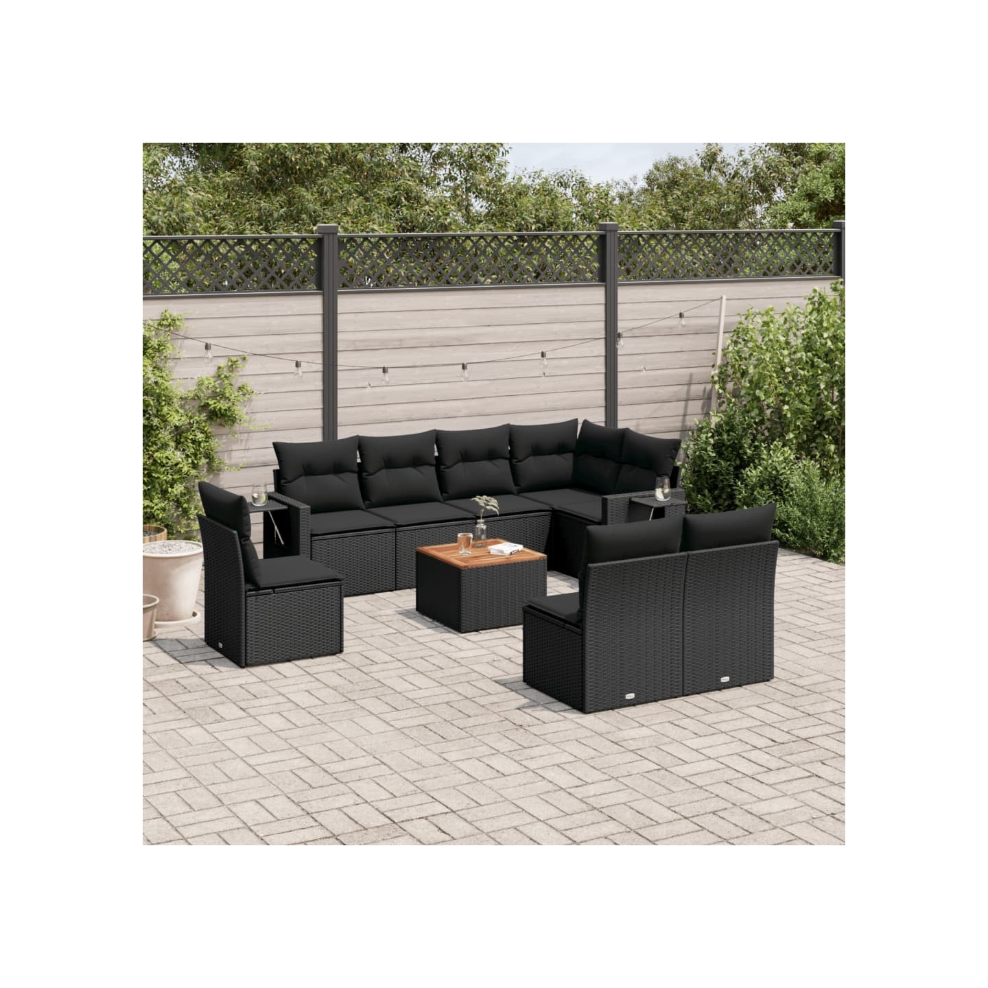 Salon de jardin 9 pcs avec coussins noir résine tressée