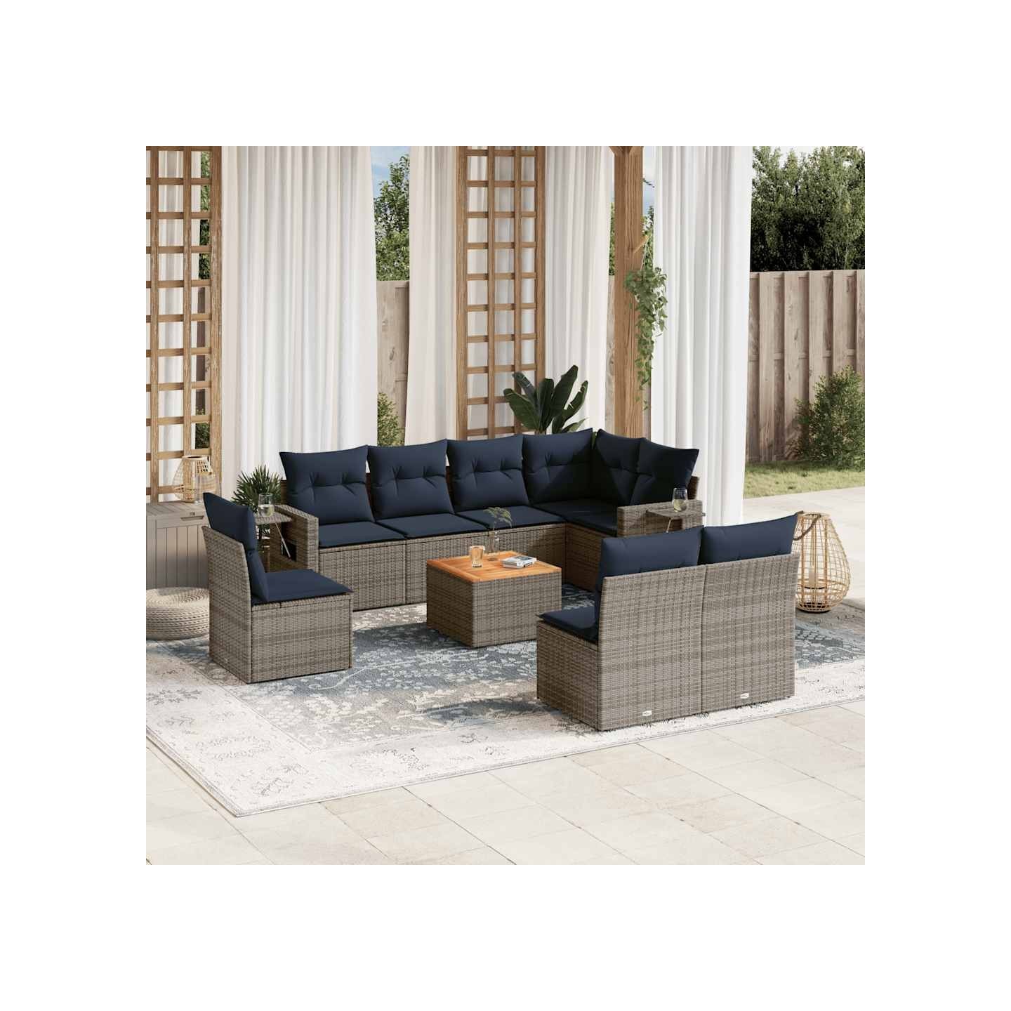 Ensemble de canapé de jardin 9 pcs avec coussins gris résine tressée