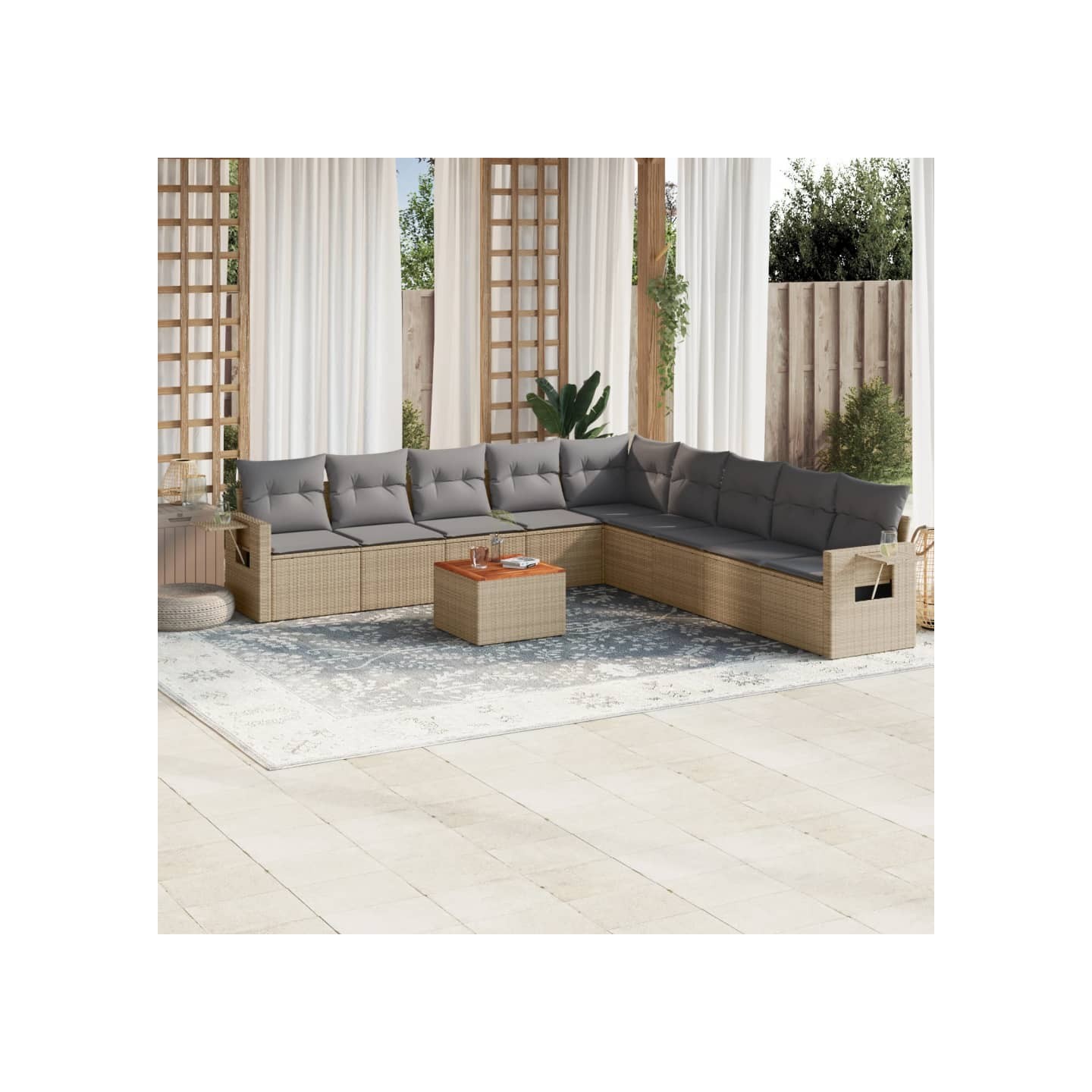 Salon de jardin avec coussins 10 pcs beige résine tressée