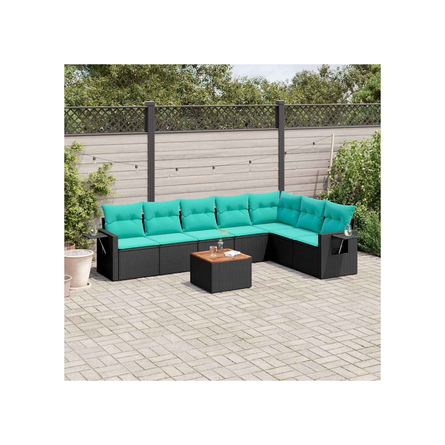 Ensemble de canapé de jardin 8 pcs avec coussins noir résine tressée