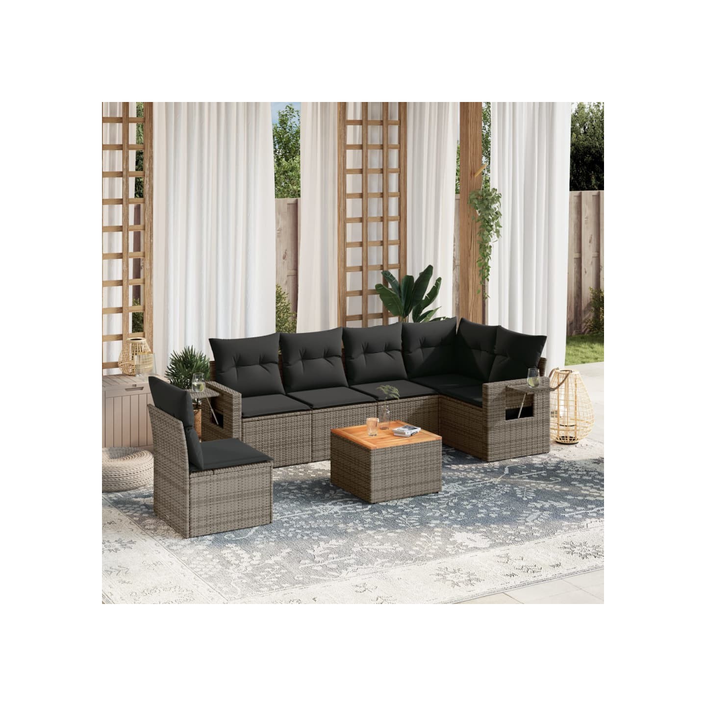 Salon de jardin avec coussins 7 pcs gris résine tressée