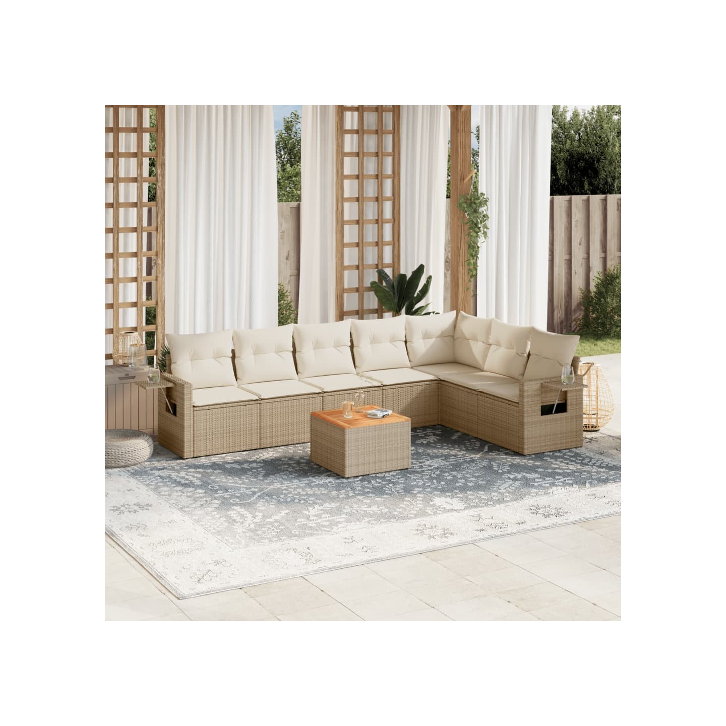 Salon de jardin avec coussins 8 pcs beige résine tressée