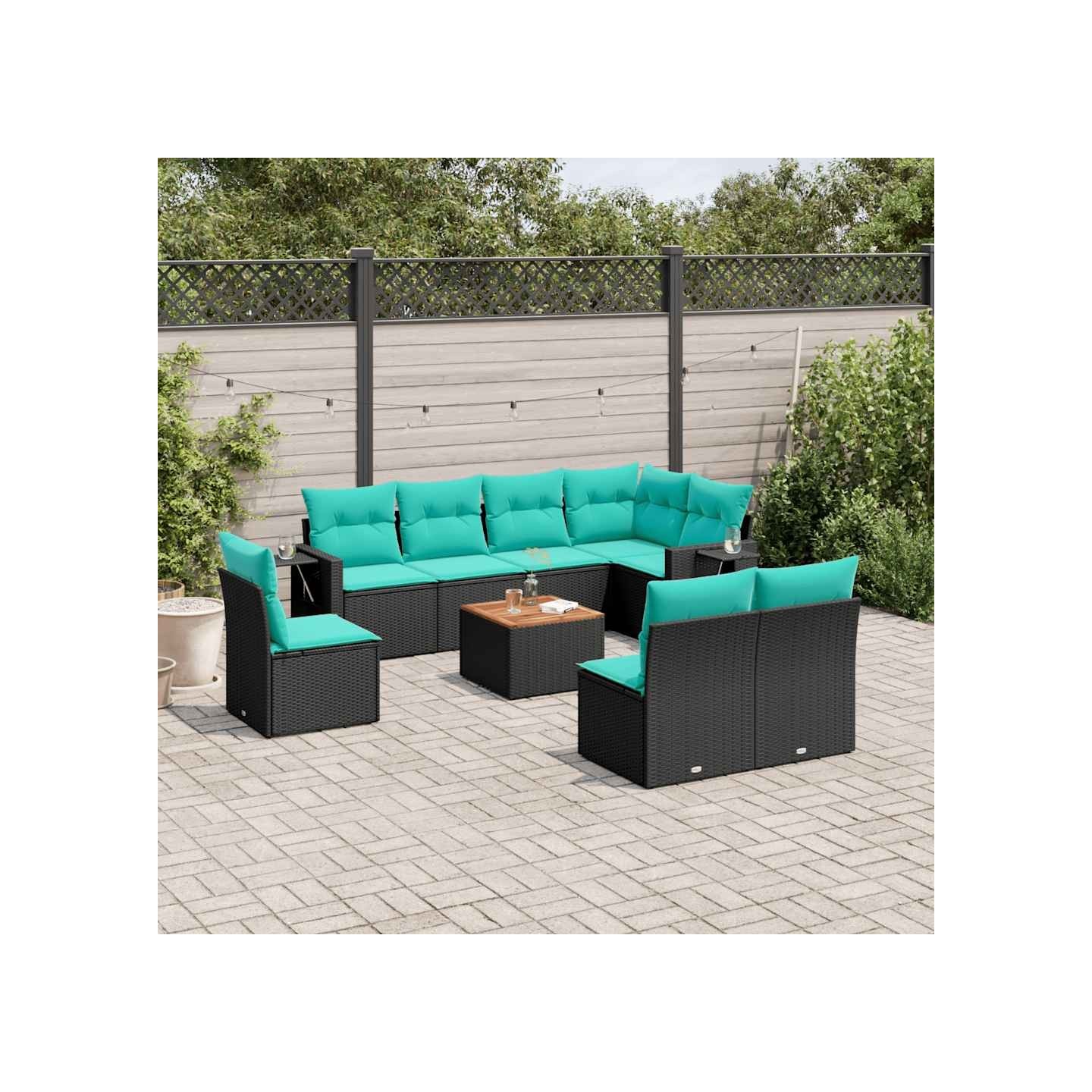 Ensemble de canapé de jardin 9 pcs avec coussins noir résine tressée