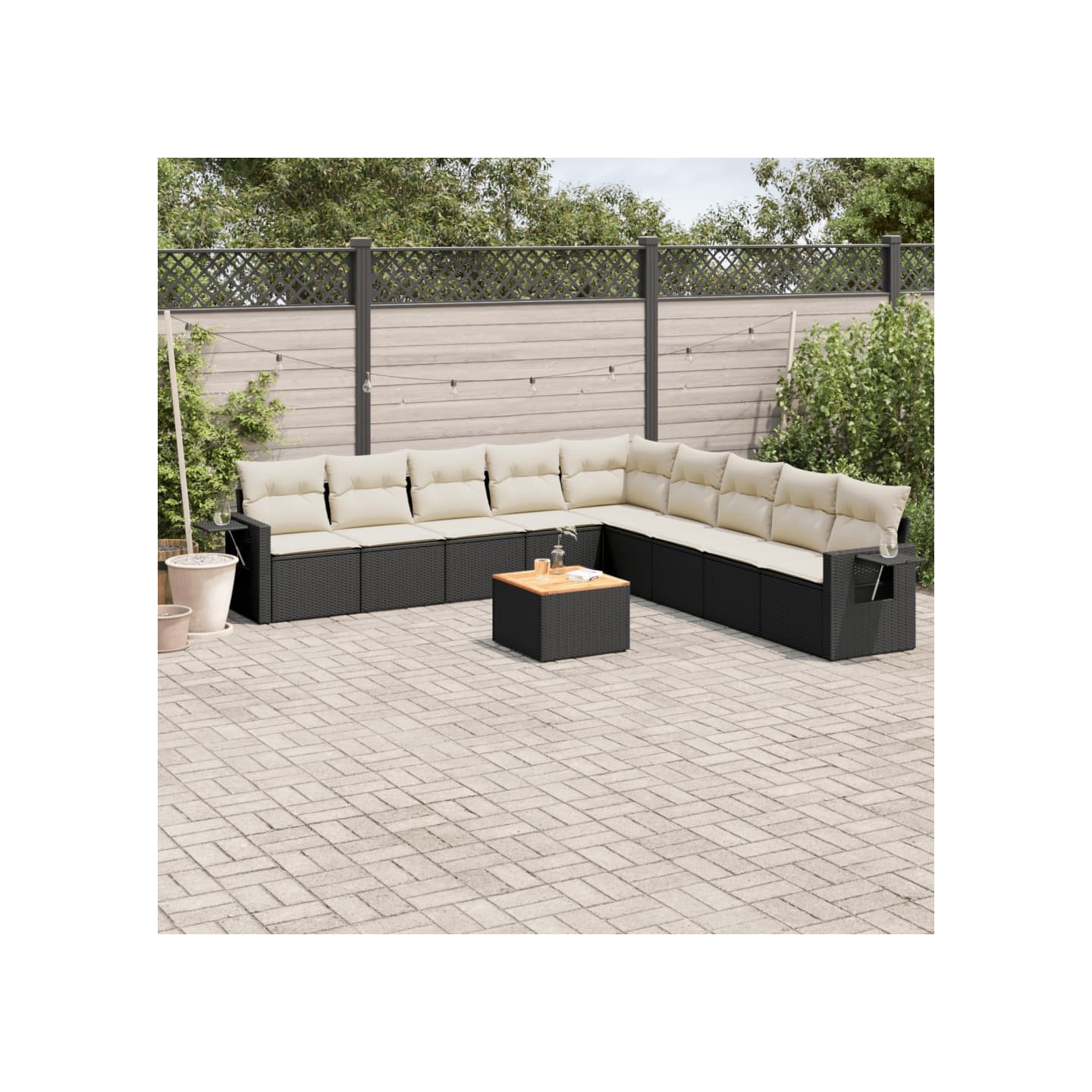 Salon de jardin 10 pcs avec coussins noir résine tressée