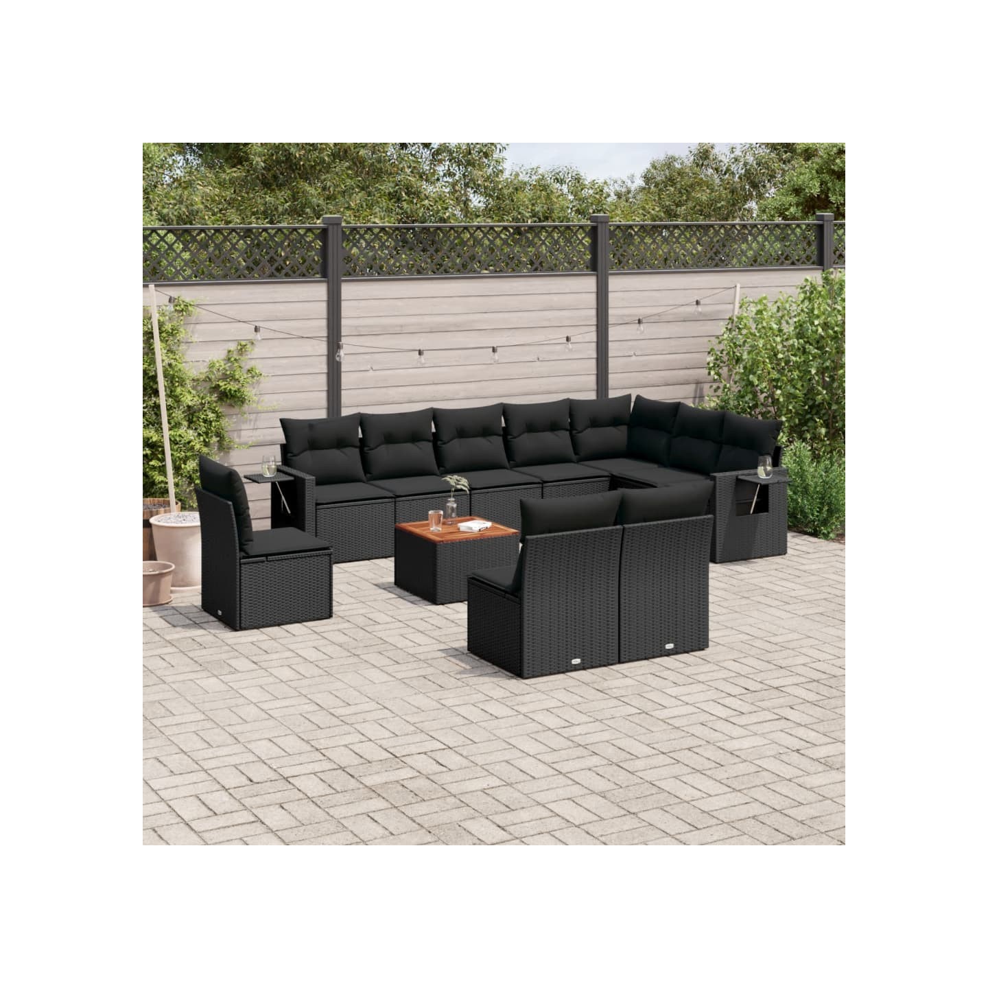 Salon de jardin 11 pcs avec coussins noir résine tressée
