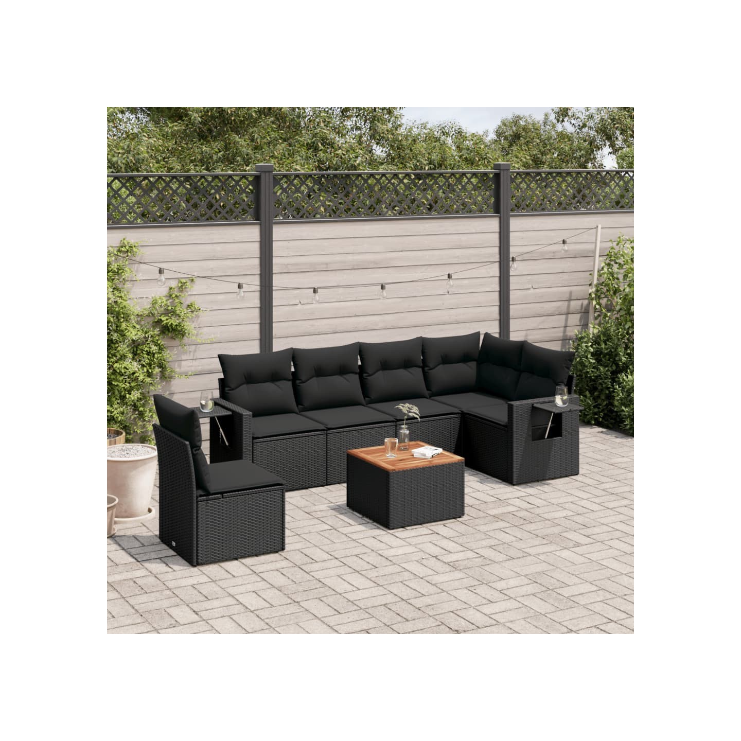 Salon de jardin 7 pcs avec coussins noir résine tressée
