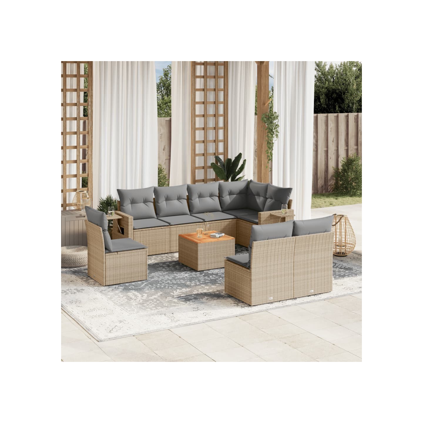 Salon de jardin avec coussins 9 pcs beige résine tressée