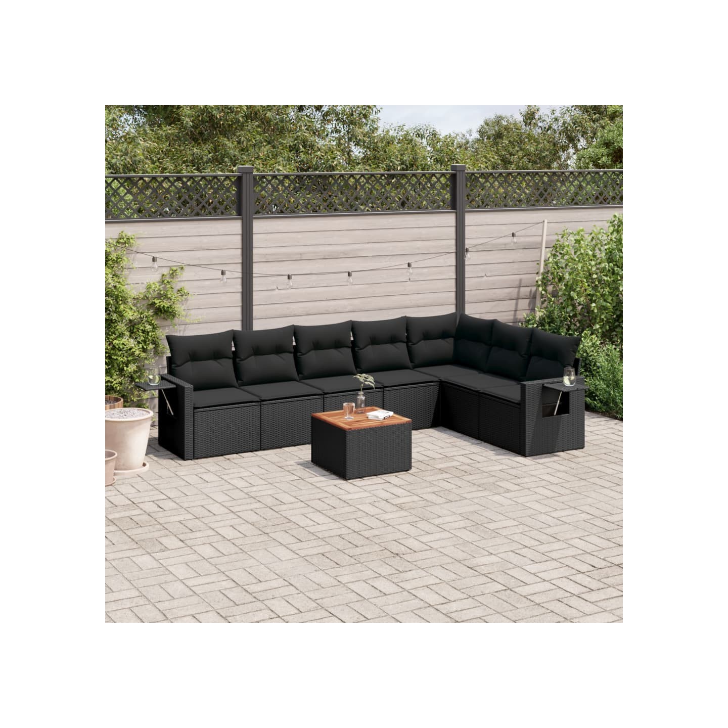 Salon de jardin 8 pcs avec coussins noir résine tressée