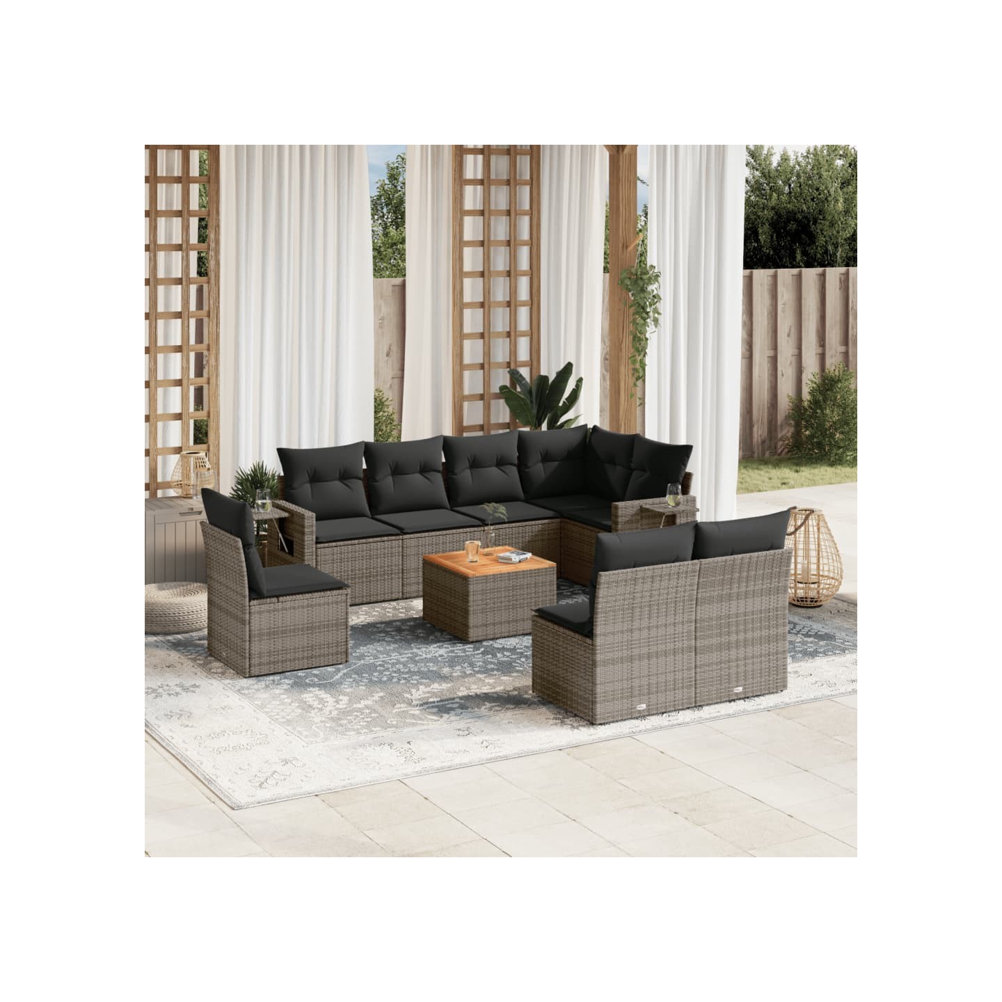 Salon de jardin 9 pcs avec coussins gris résine tressée