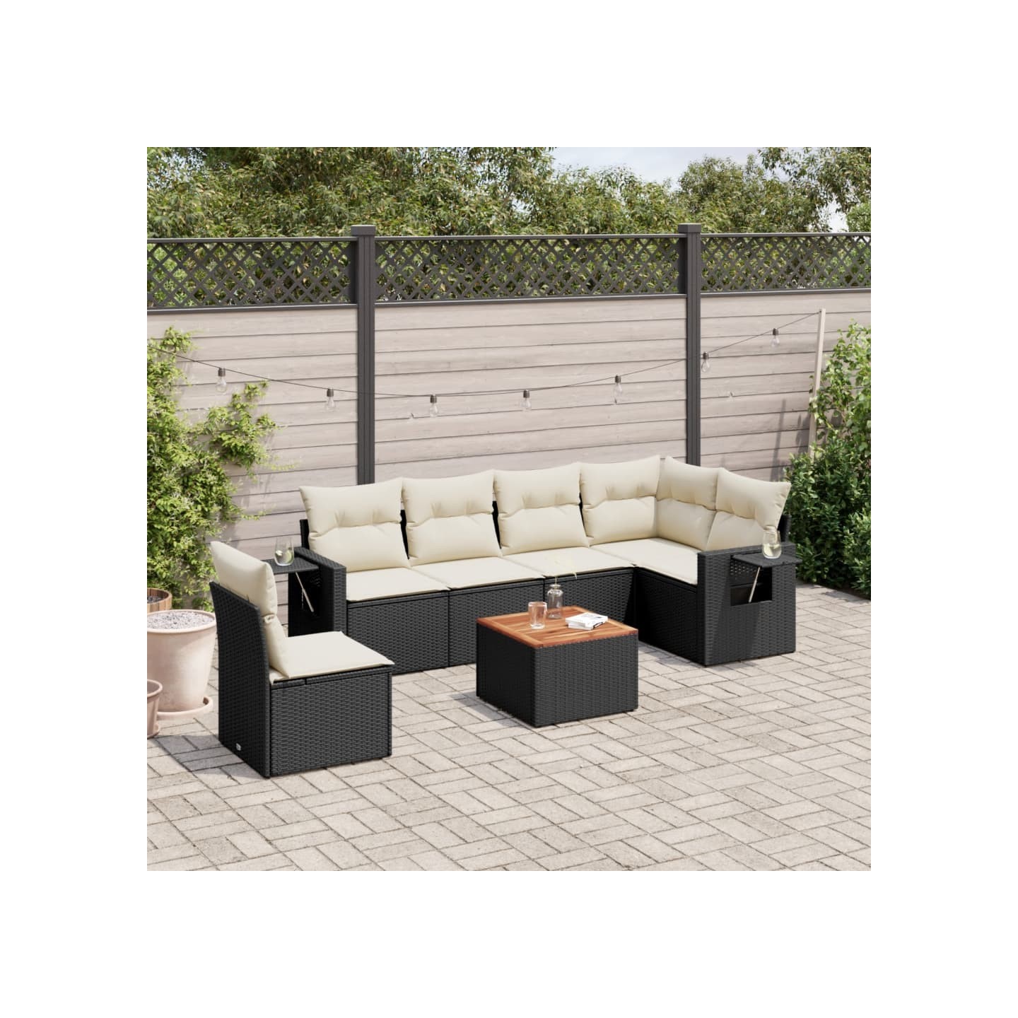 Salon de jardin 7 pcs avec coussins noir résine tressée