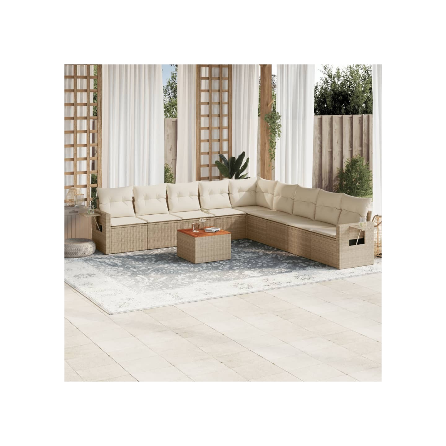 Salon de jardin avec coussins 10 pcs beige résine tressée