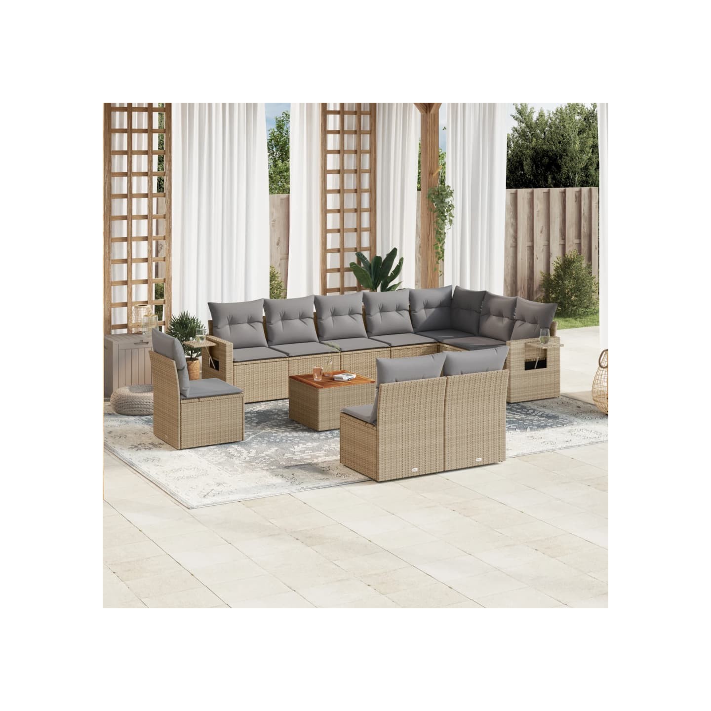 Salon de jardin 11 pcs avec coussins beige résine tressée