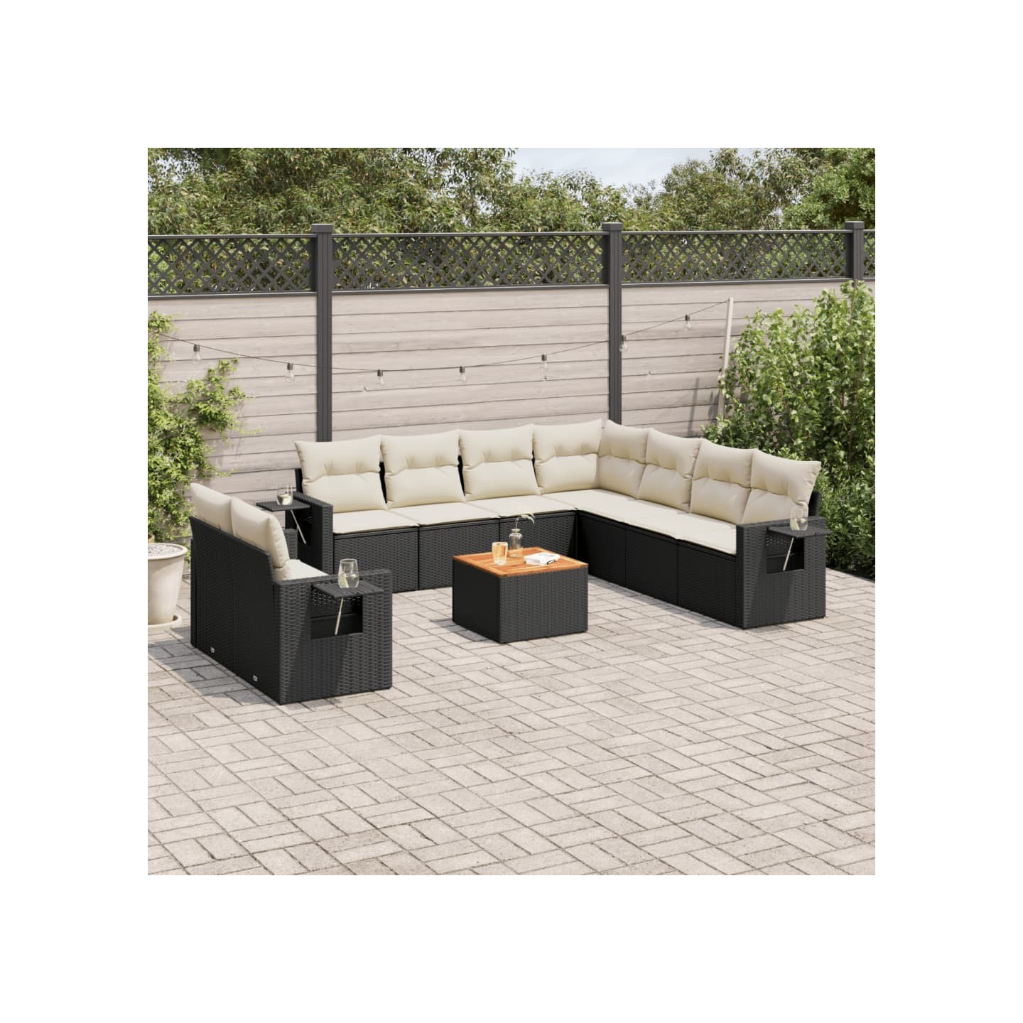 Salon de jardin 10 pcs avec coussins noir résine tressée