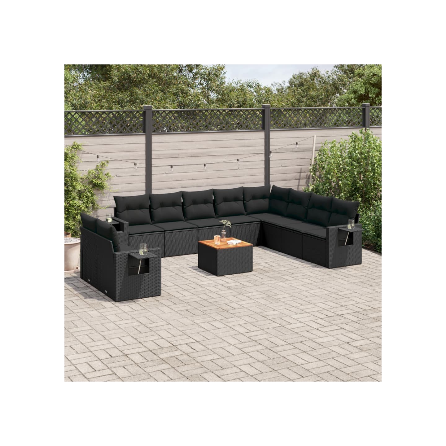 Salon de jardin 11 pcs avec coussins noir résine tressée
