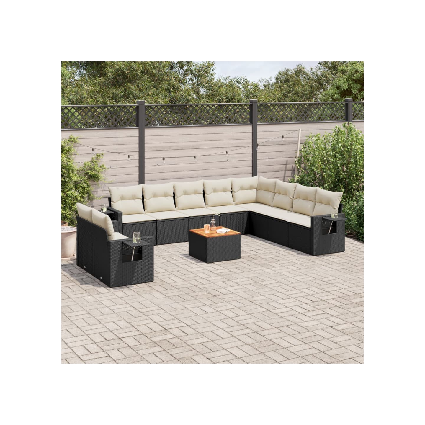 Salon de jardin 11 pcs avec coussins noir résine tressée
