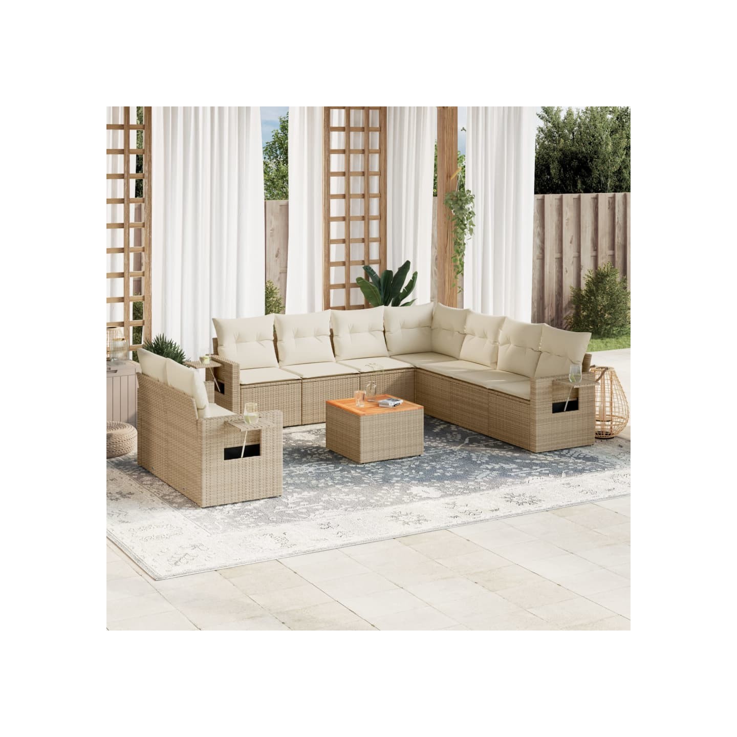 Salon de jardin avec coussins 10 pcs beige résine tressée