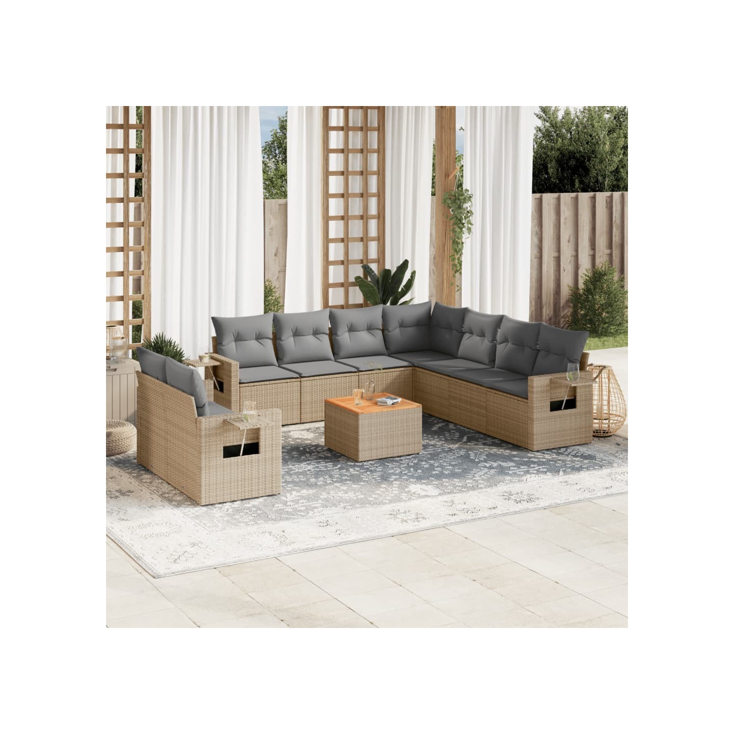 Salon de jardin avec coussins 10 pcs beige résine tressée