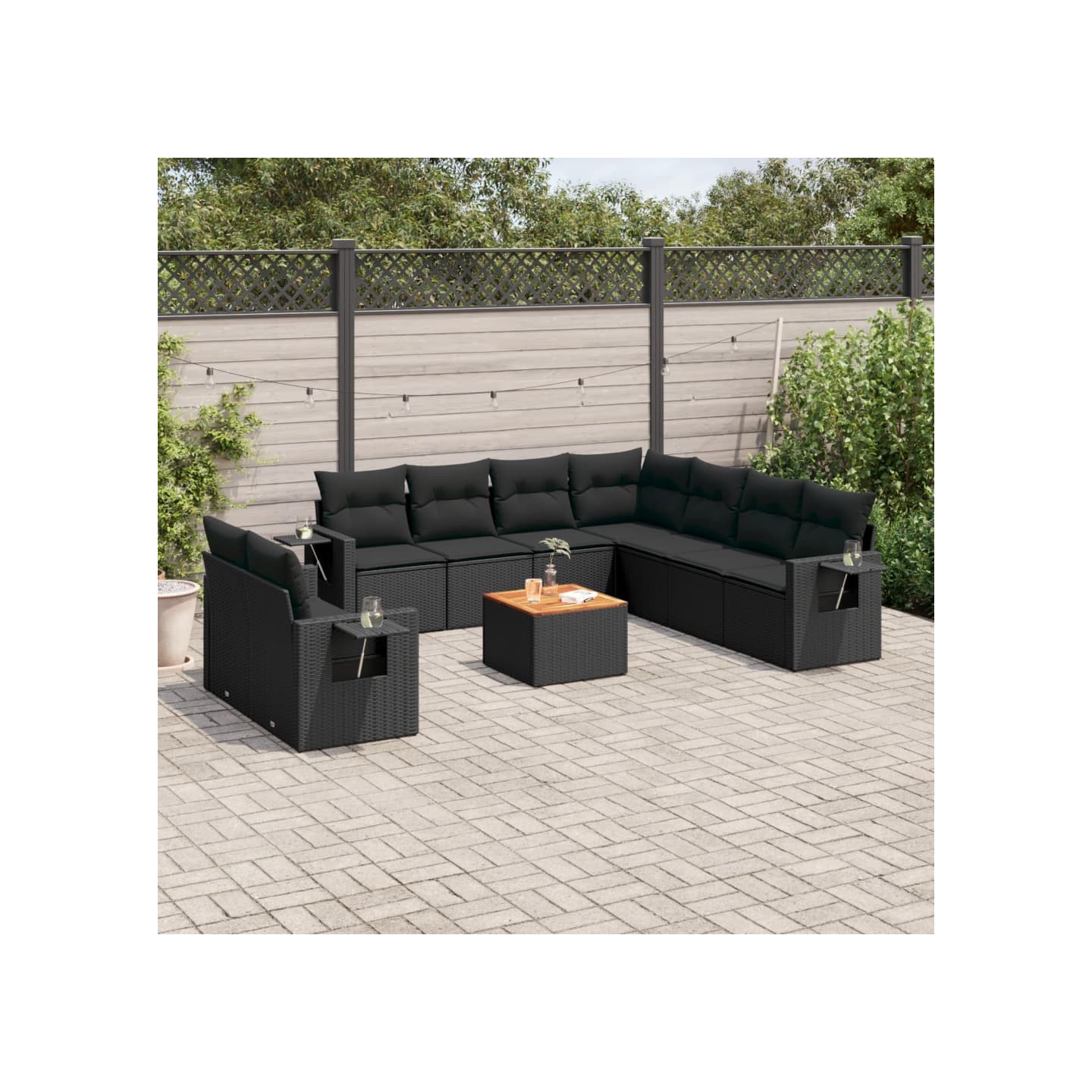 Salon de jardin 10 pcs avec coussins noir résine tressée