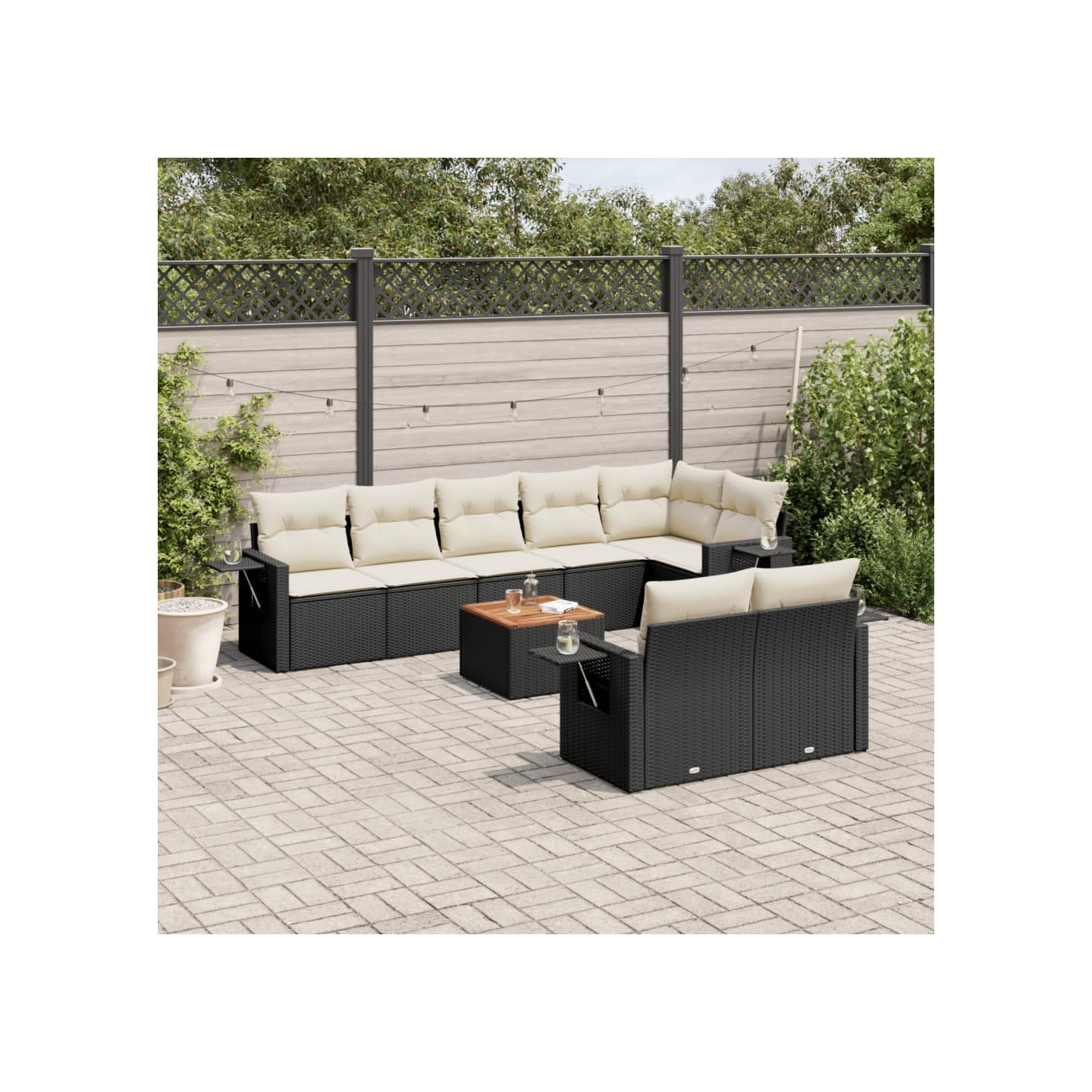 Salon de jardin 9 pcs avec coussins noir résine tressée
