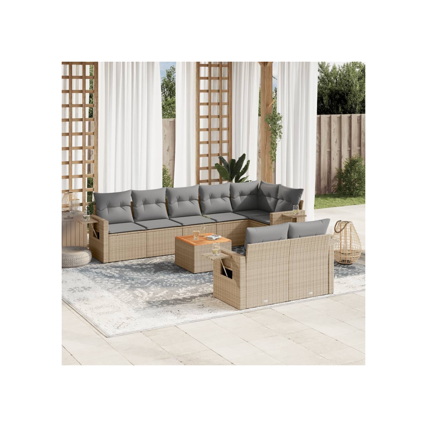Salon de jardin avec coussins 9 pcs beige résine tressée