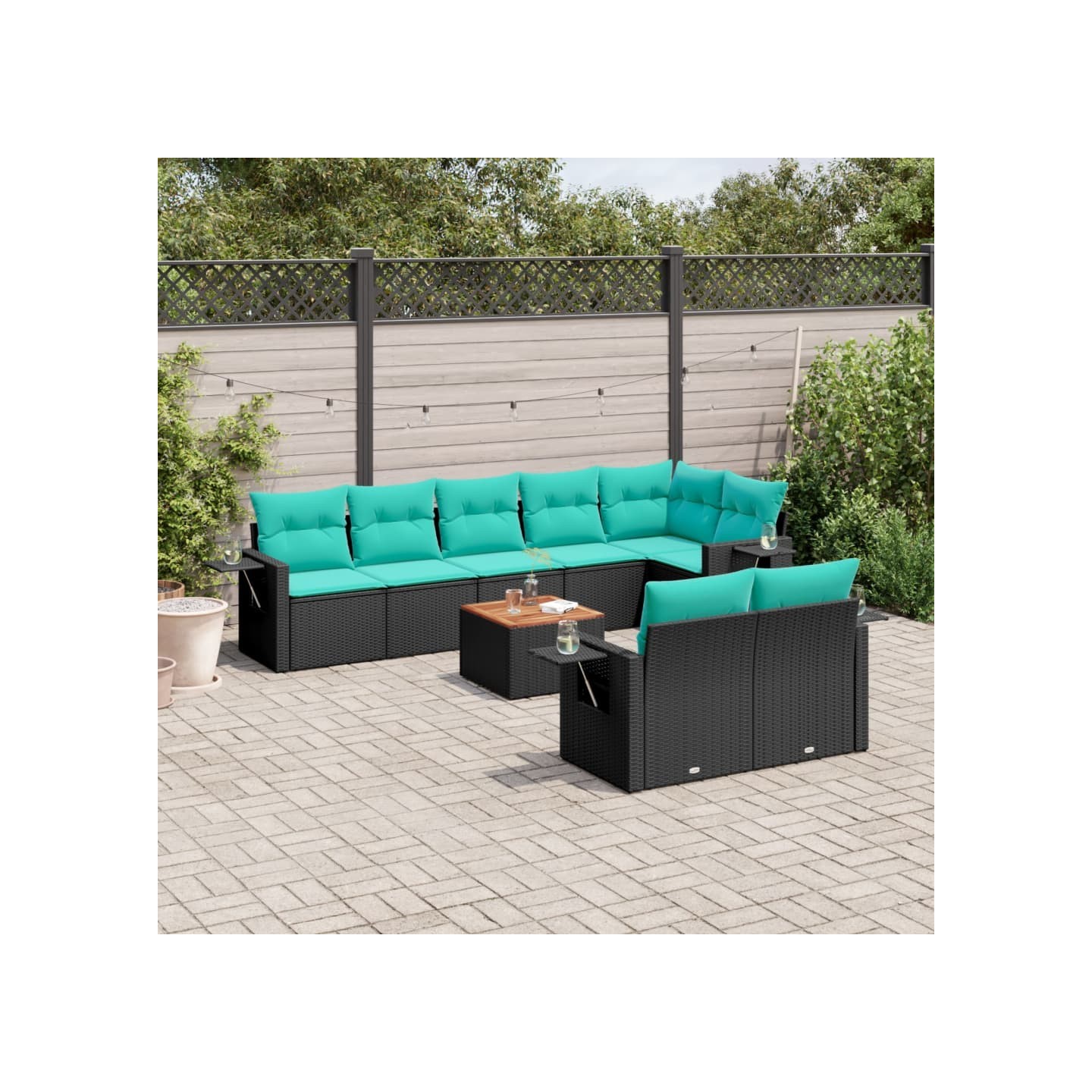 Ensemble de canapé de jardin 9 pcs avec coussins noir résine tressée