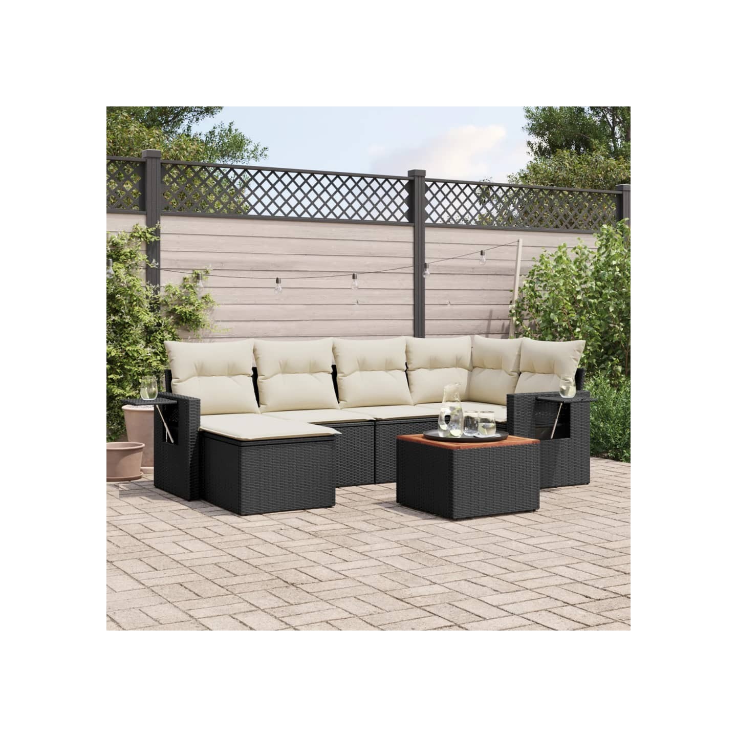 Salon de jardin 7 pcs avec coussins noir résine tressée