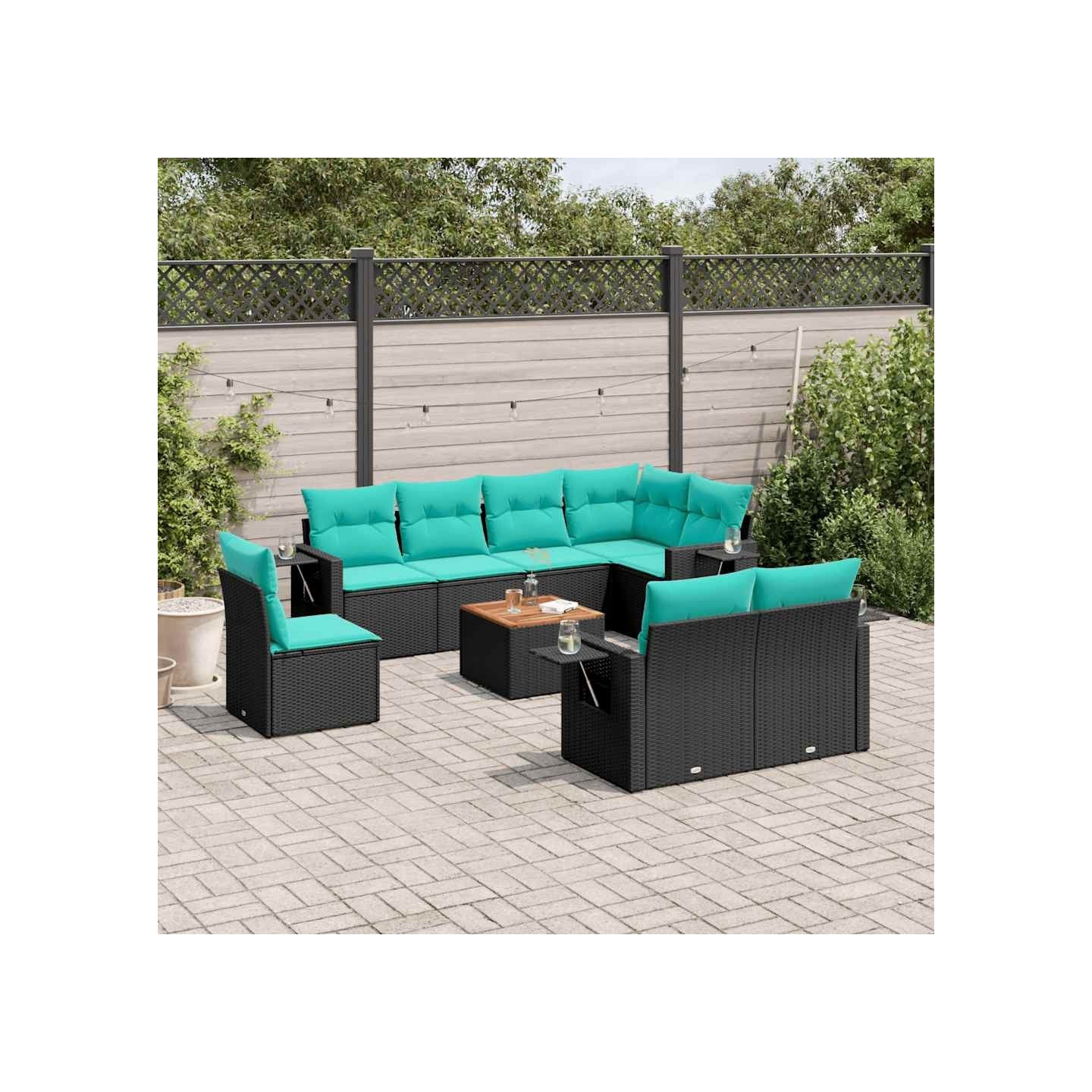 Ensemble de canapé de jardin 9 pcs avec coussins noir résine tressée