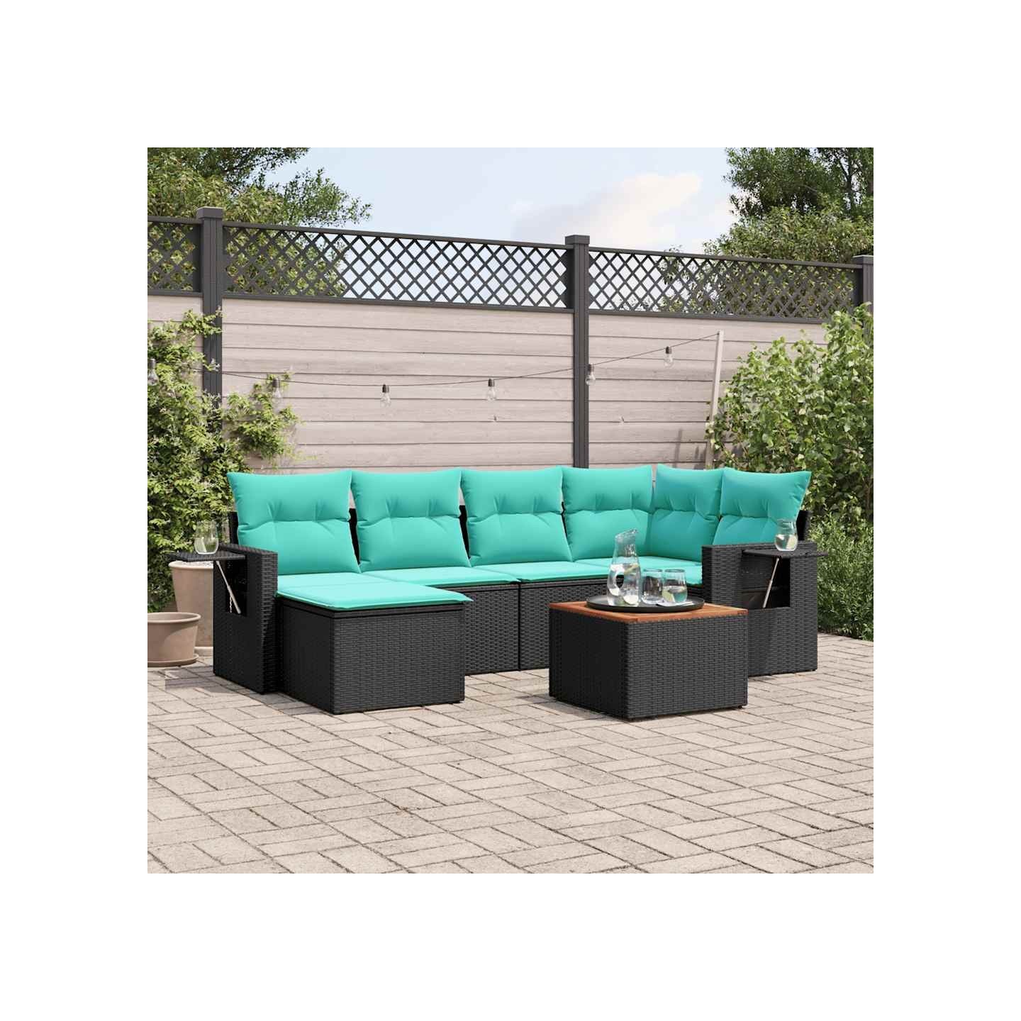 Ensemble de canapé de jardin 7 pcs avec coussins noir résine tressée